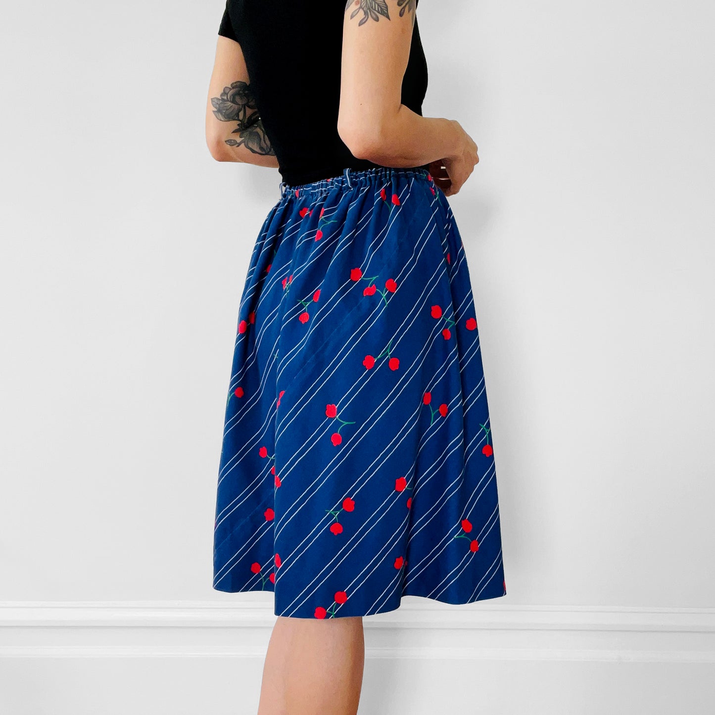 1970s Floral Patterned Cotton Stripe Summer Skirt