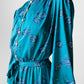 1970s Teal Floral Button-Front Belted Elastic Waist Dress - Sz. S