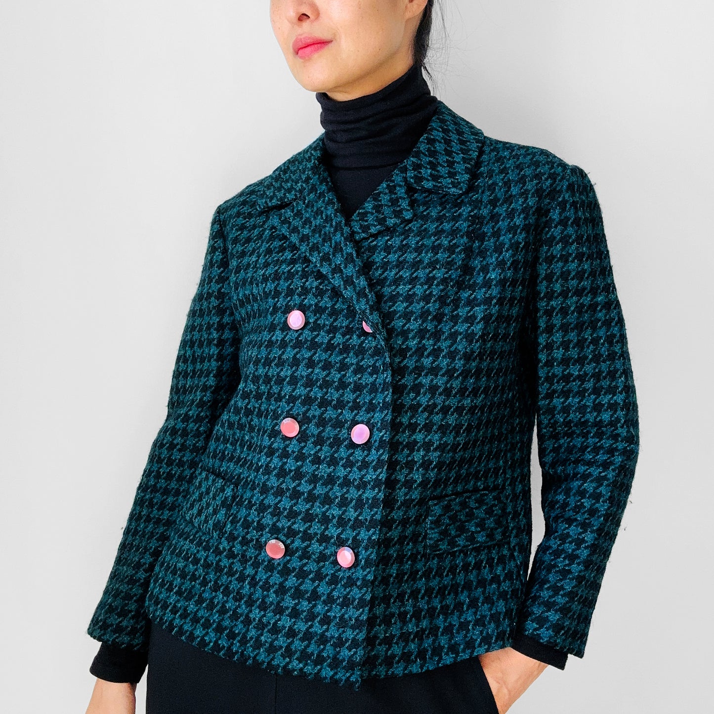 1960s Teal and Black Wool Houndstooth Double Breasted Short-Waisted Blazer Jacket - S/M