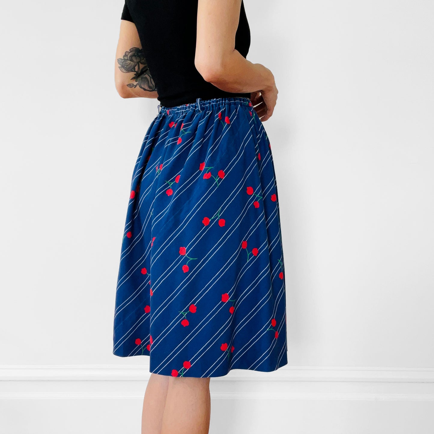 1970s Floral Patterned Cotton Stripe Summer Skirt