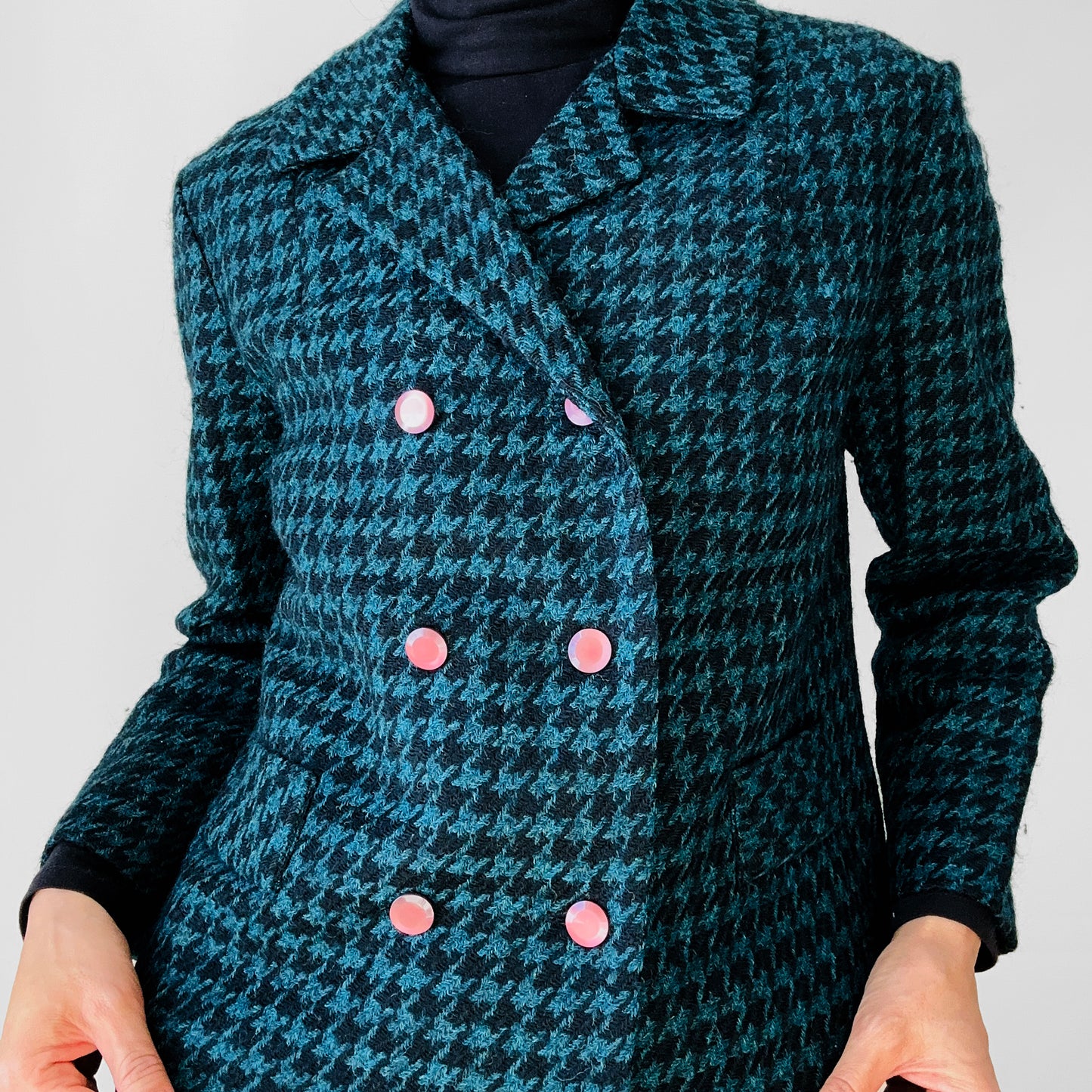 1960s Teal and Black Wool Houndstooth Double Breasted Short-Waisted Blazer Jacket - S/M