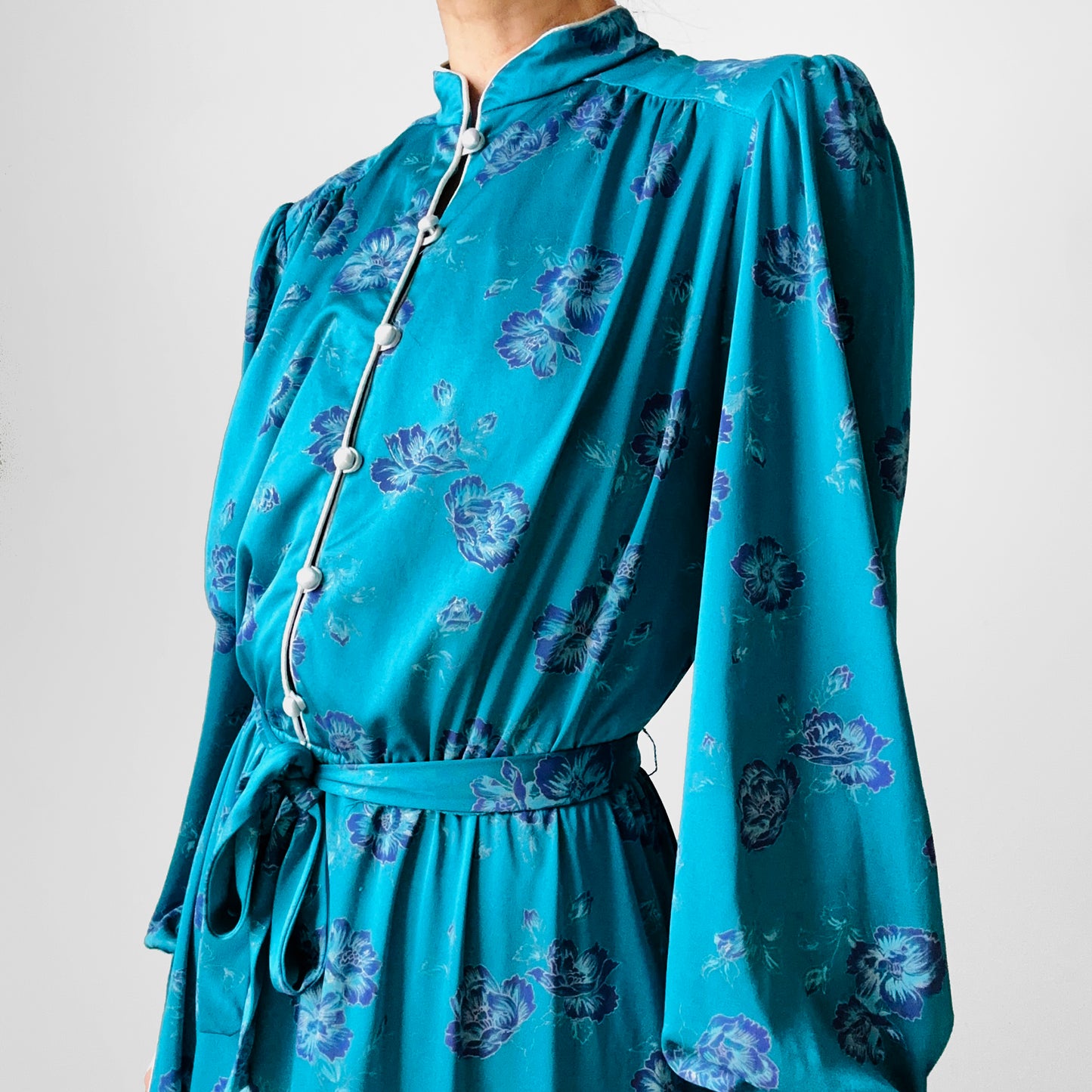 1970s Teal Floral Button-Front Belted Elastic Waist Dress - Sz. S