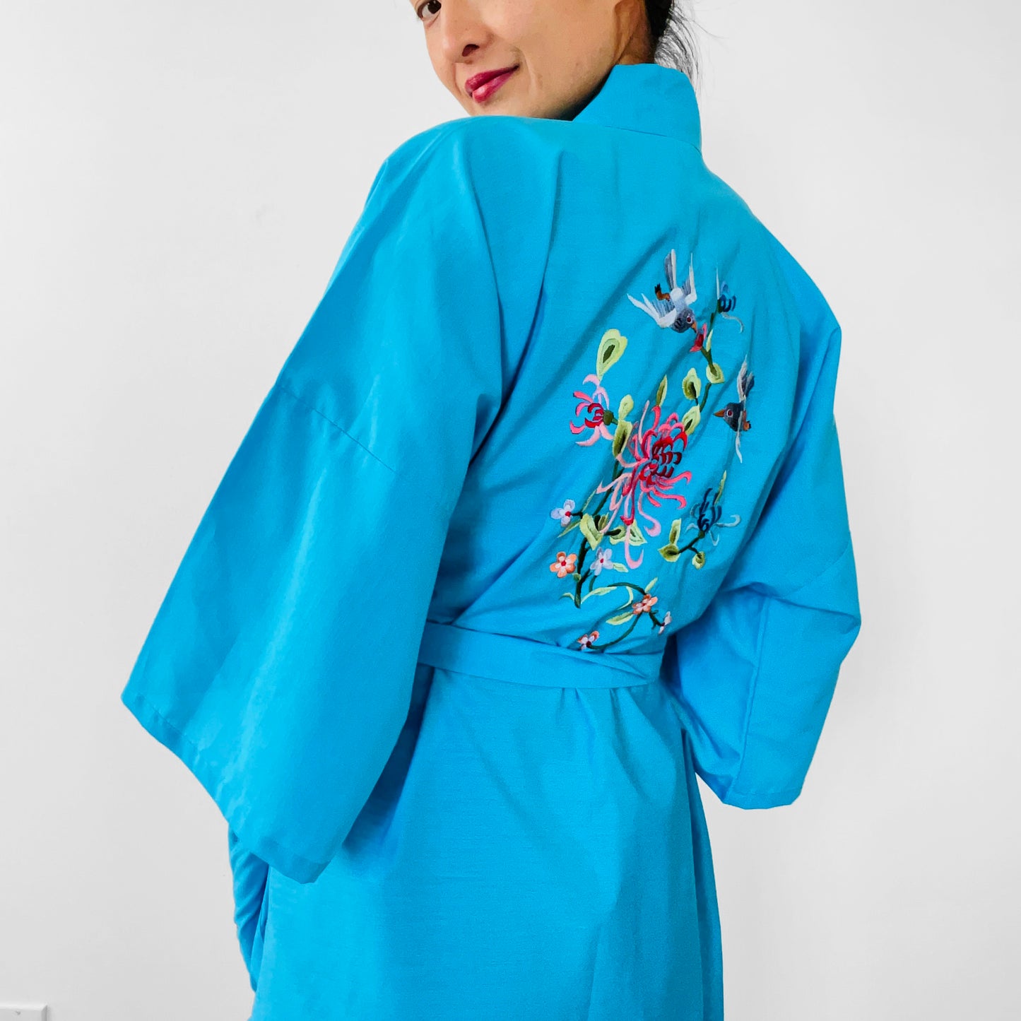 1970s Bird Floral Embroidered Turquoise Belted Robe