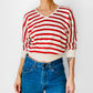 Red and Light Oatmeal Stripe Silk Blend Crop V-Neck Lightweight Knit Top