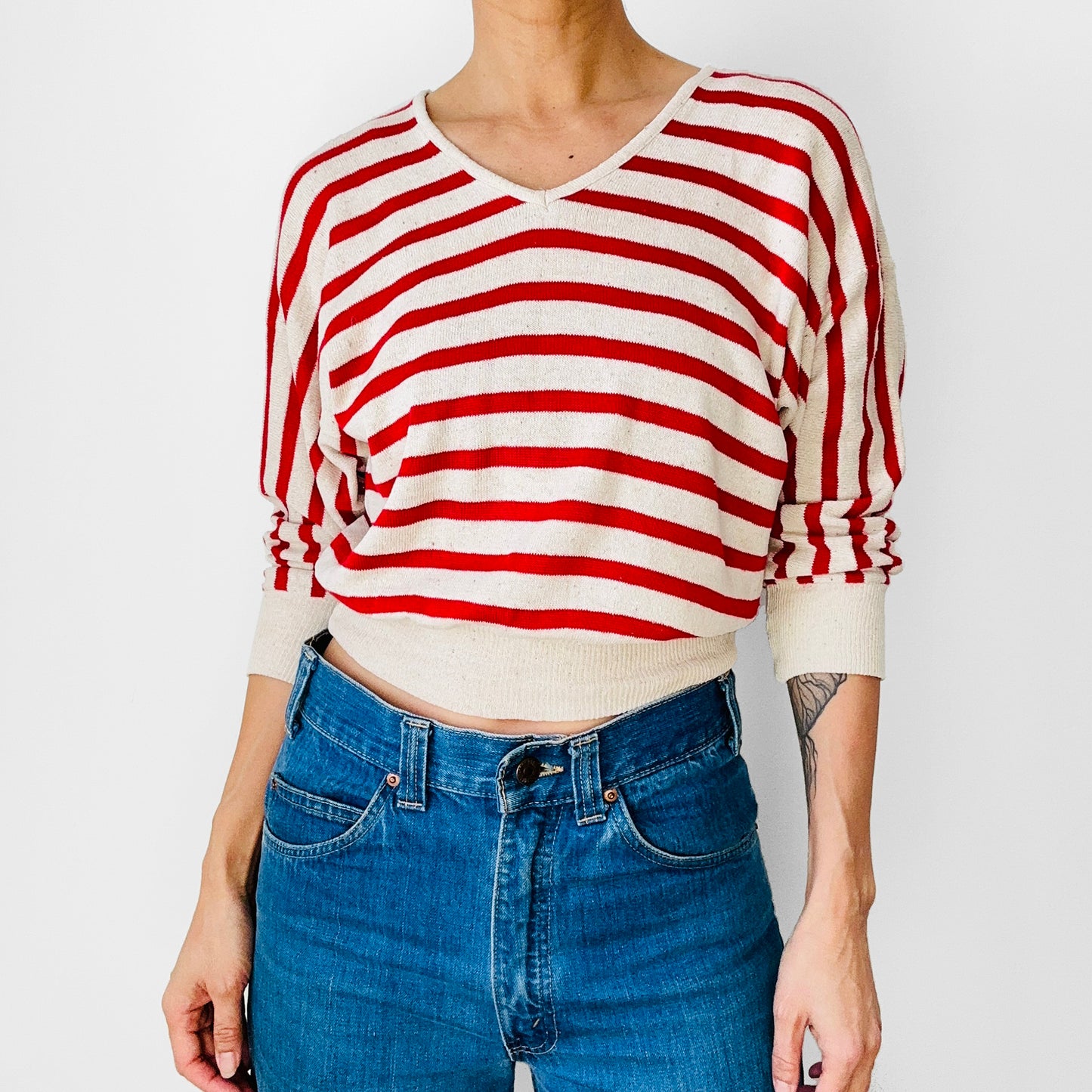 Red and Light Oatmeal Stripe Silk Blend Crop V-Neck Lightweight Knit Top