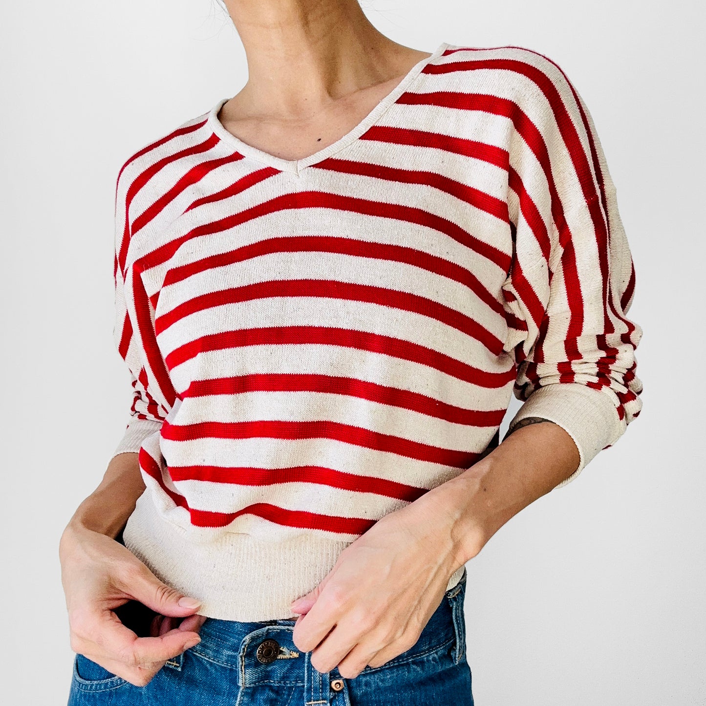 Red and Light Oatmeal Stripe Silk Blend Crop V-Neck Lightweight Knit Top