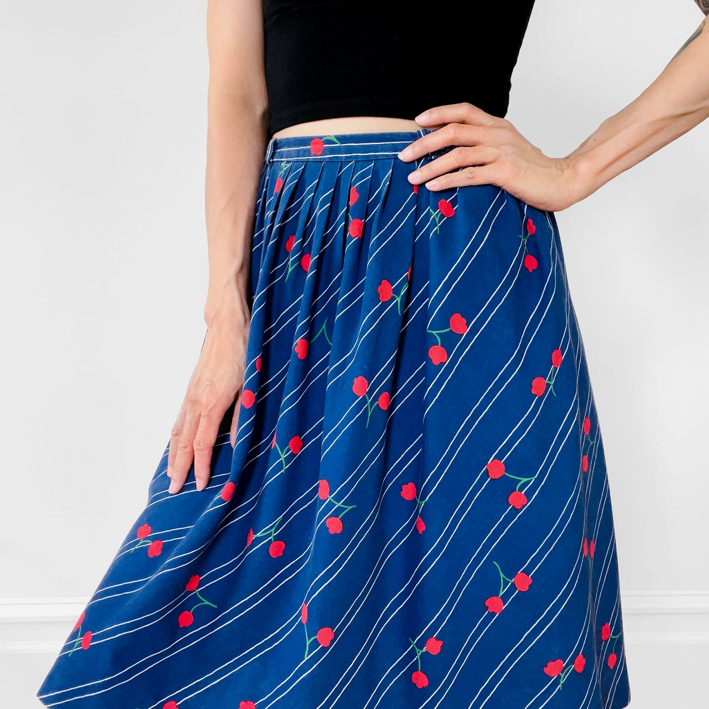 1970s Floral Patterned Cotton Stripe Summer Skirt