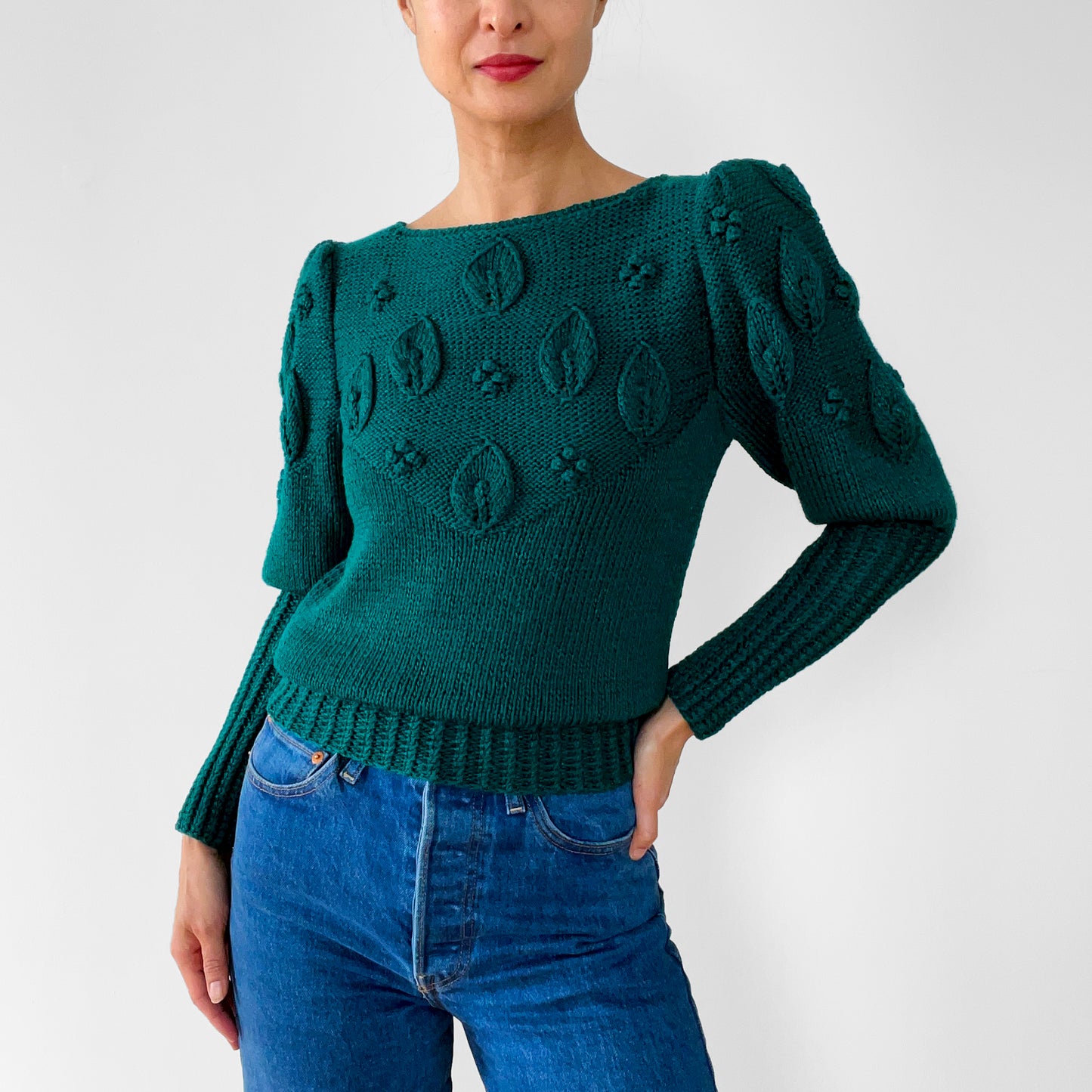 1980s Emerald Green Bobble Knit Leaf Top