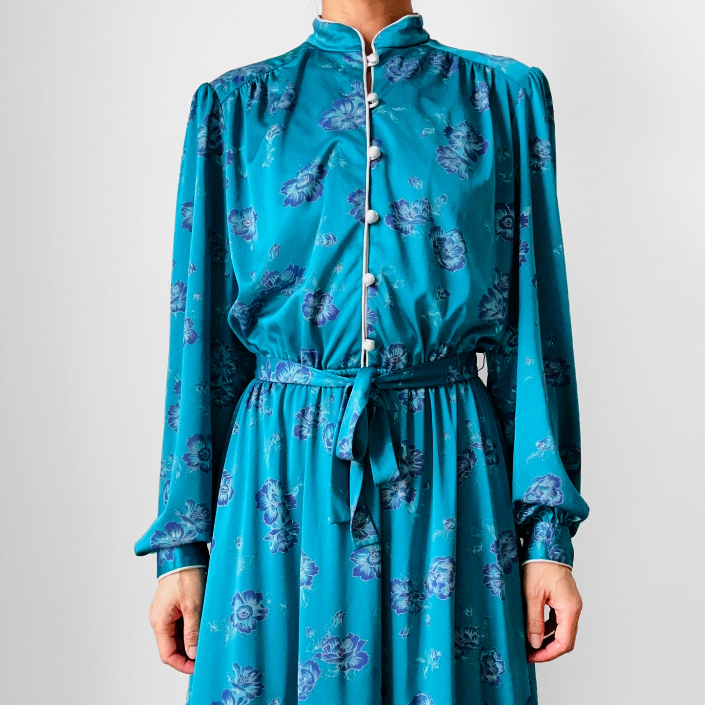 1970s Teal Floral Button-Front Belted Elastic Waist Dress - Sz. S