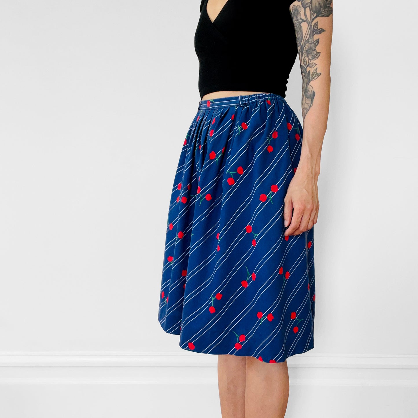 1970s Floral Patterned Cotton Stripe Summer Skirt