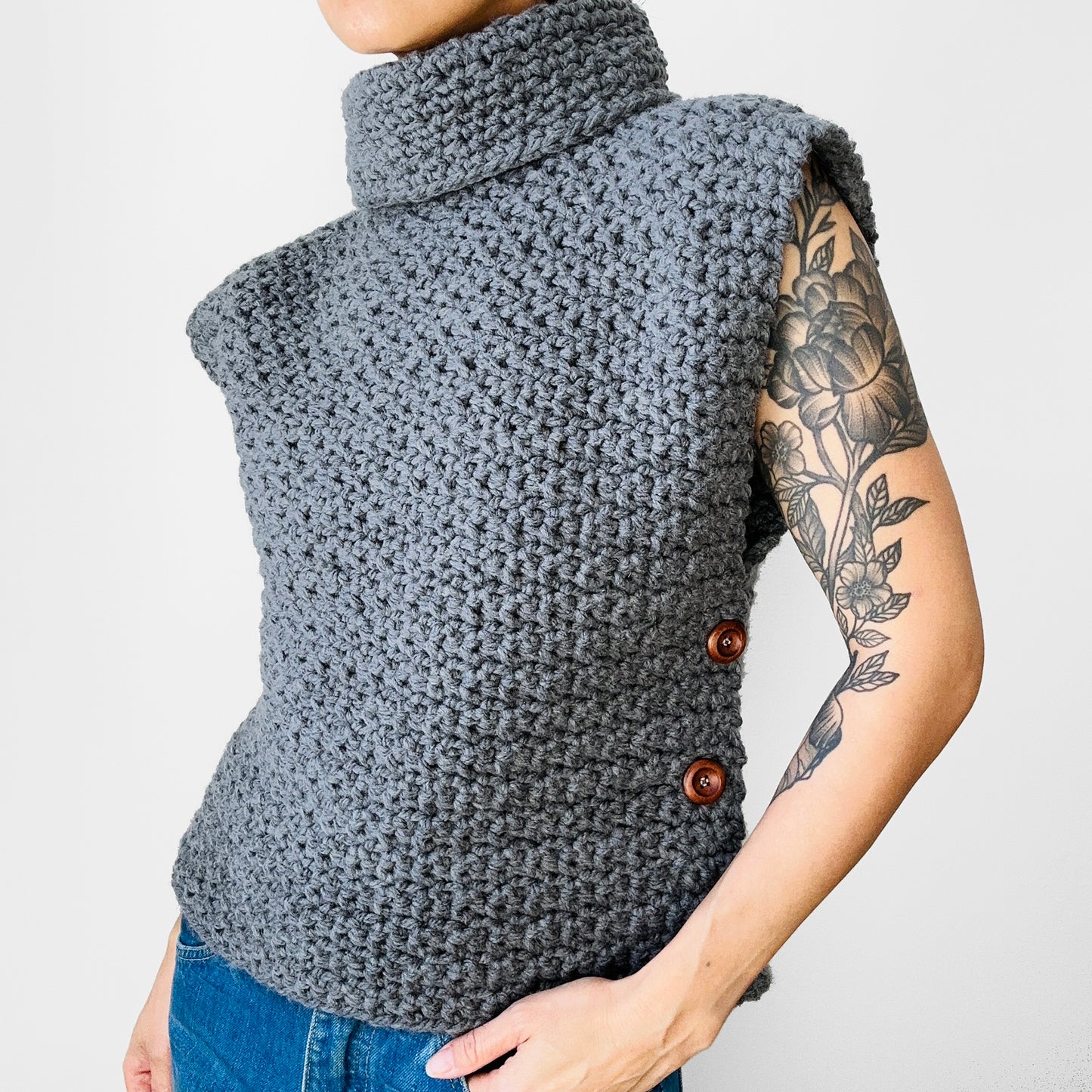 Charcoal Grey Heavy Soft Knit Side Button High-Neck Turtleneck Pullover Sweater Vest