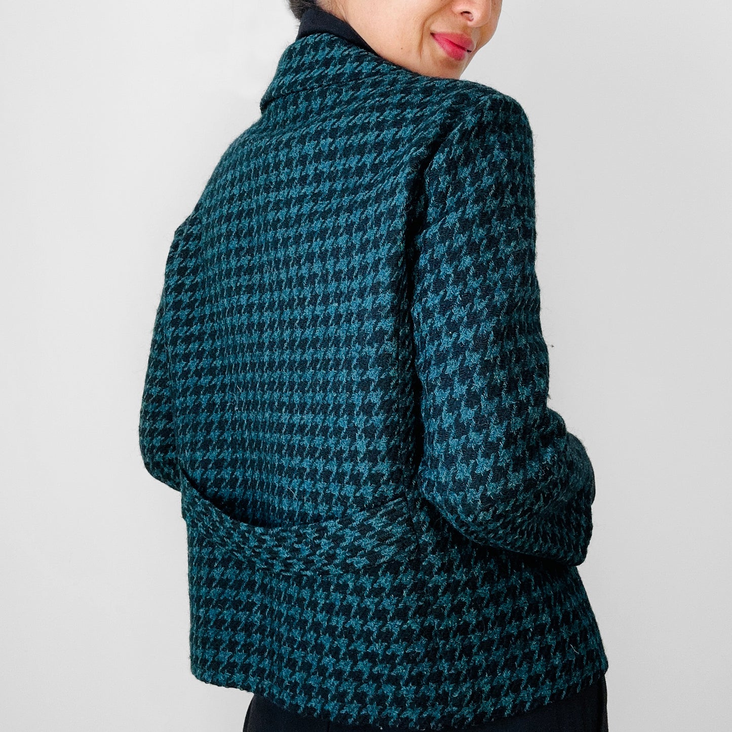 1960s Teal and Black Wool Houndstooth Double Breasted Short-Waisted Blazer Jacket - S/M