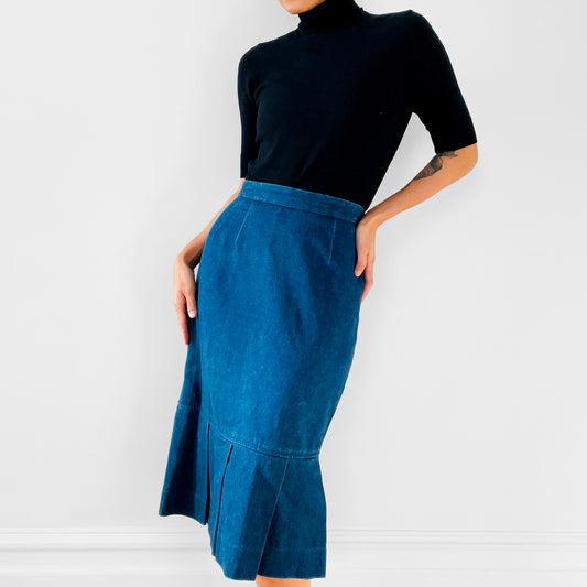 1990s Dark-Denim Soft Chambray Pleated Skirt