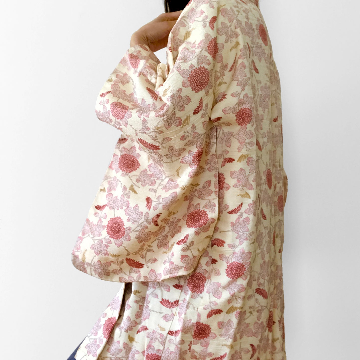 Silk-Blend Cream and Pink Botanical Haori Kimono Jacket