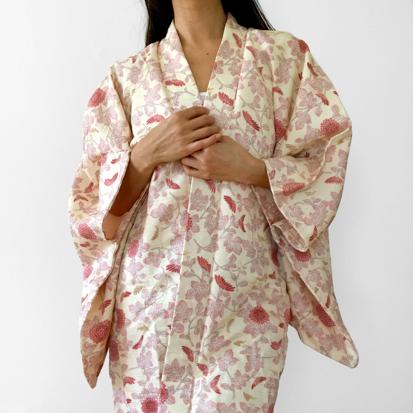 Silk-Blend Cream and Pink Botanical Haori Kimono Jacket