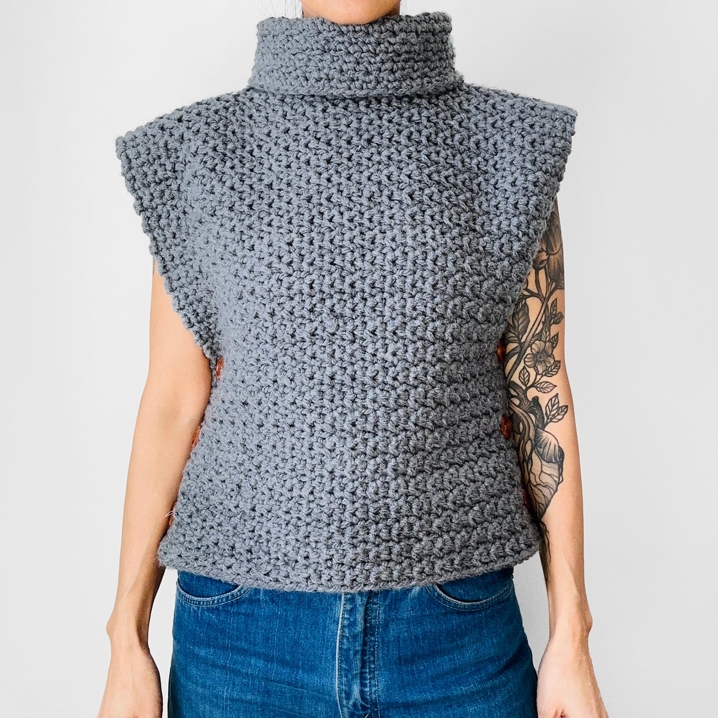 Charcoal Grey Heavy Soft Knit Side Button High-Neck Turtleneck Pullover Sweater Vest