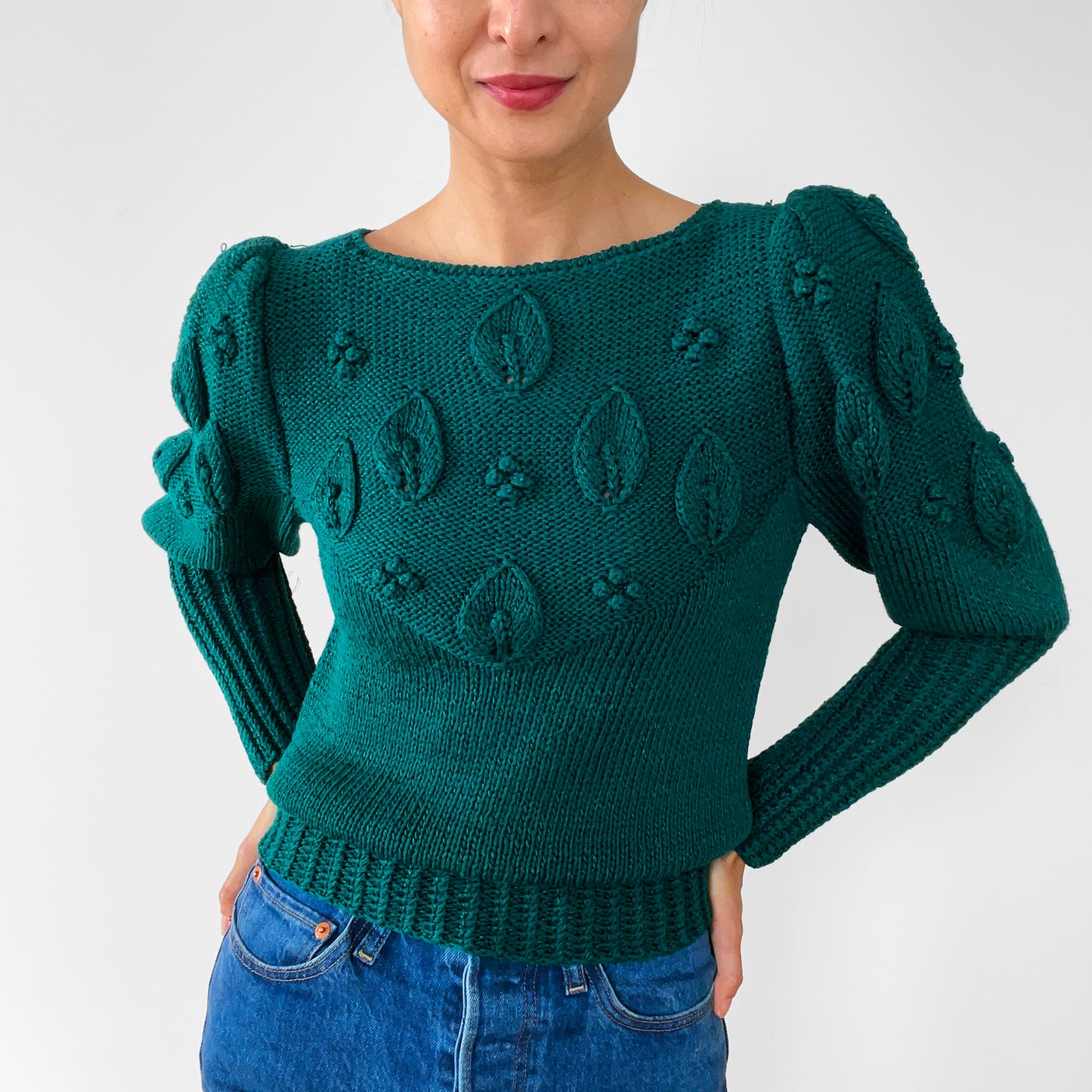 1980s Emerald Green Bobble Knit Leaf Top