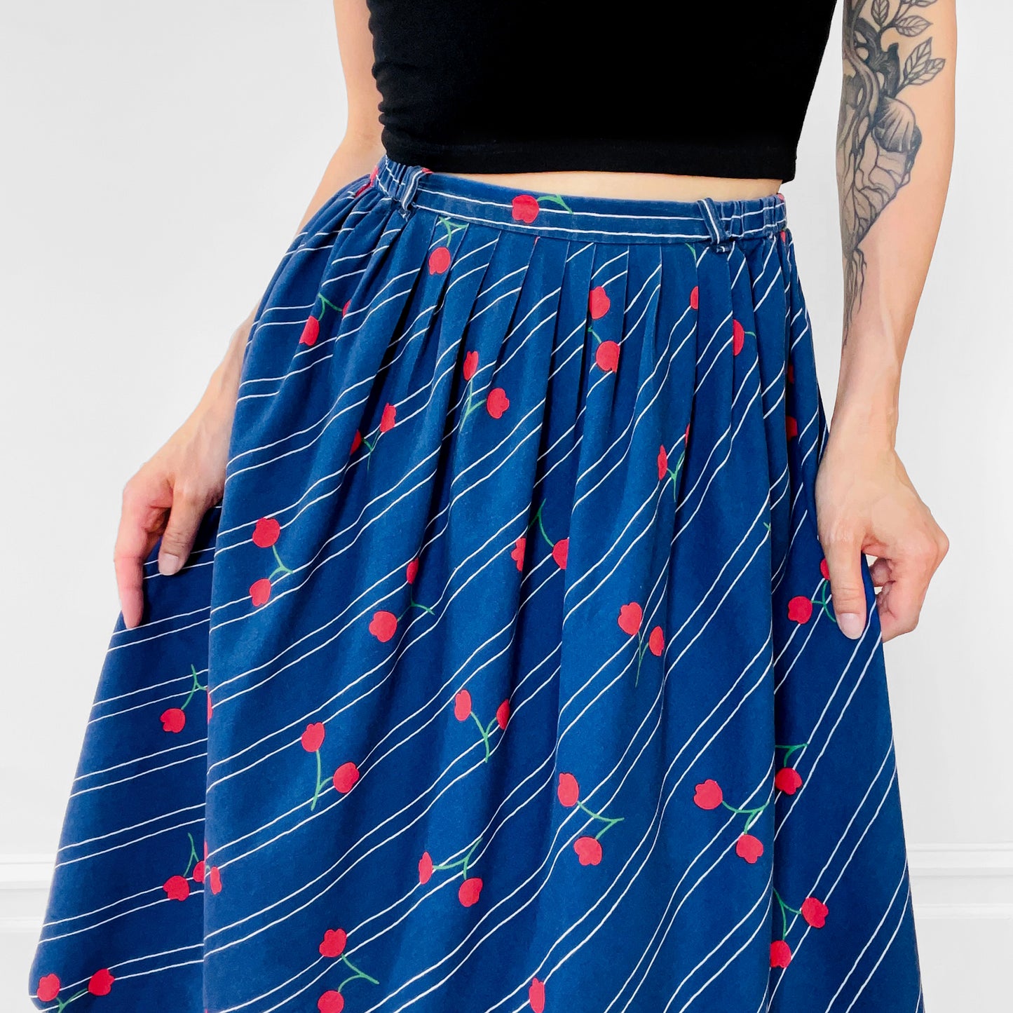 1970s Floral Patterned Cotton Stripe Summer Skirt