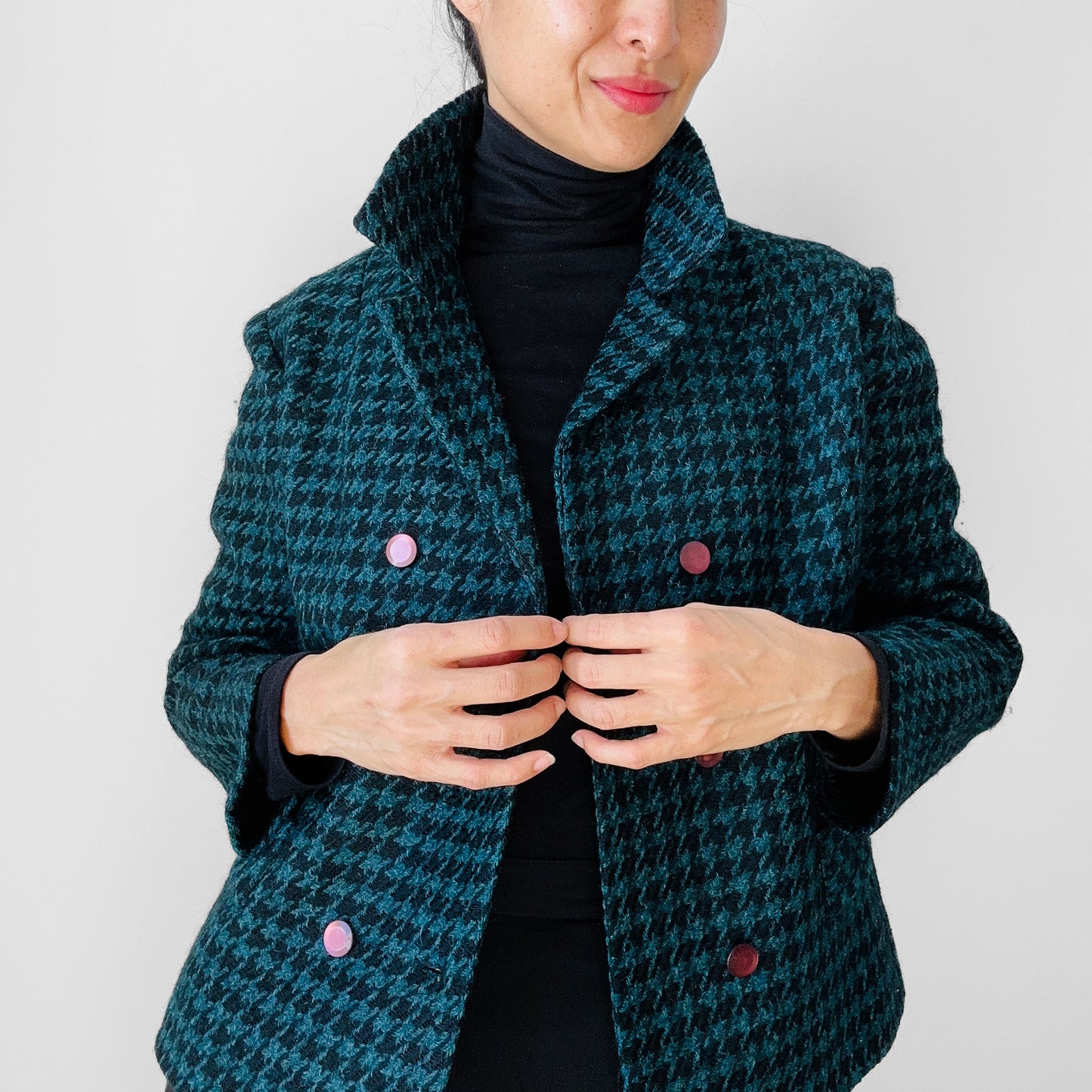 1960s Teal and Black Wool Houndstooth Double Breasted Short-Waisted Blazer Jacket - S/M