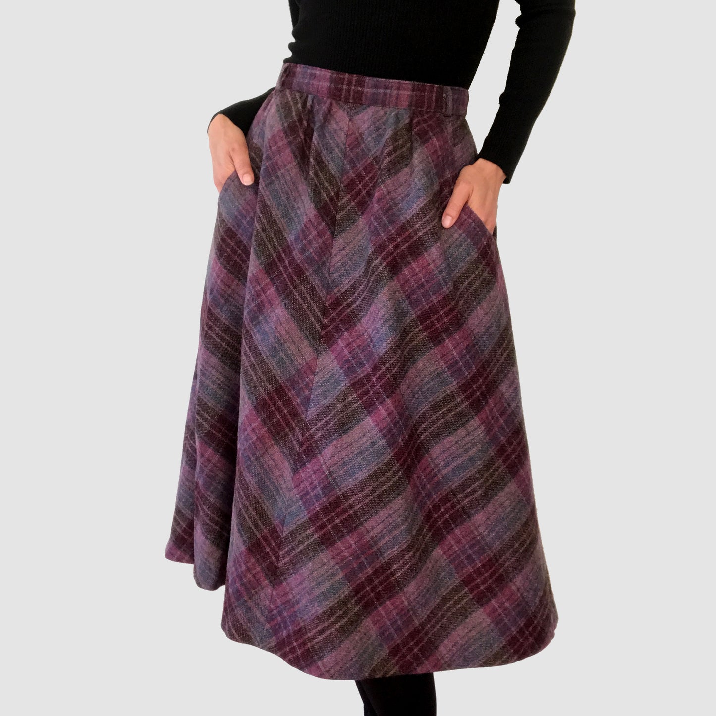 1960s Plum Plaid Wool A-line Skirt