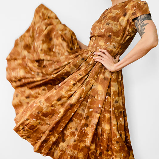 1960s Mid-Century Pleated and Patterned Golden Silk Crepe Fit and Flare Dress - XS/S