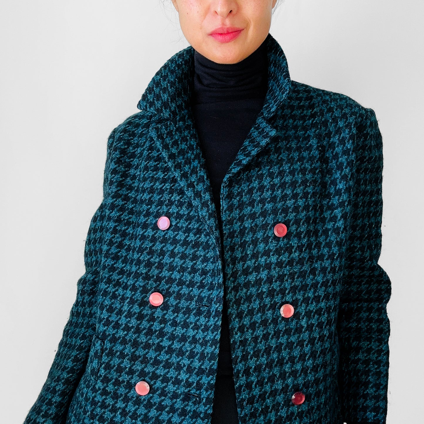 1960s Teal and Black Wool Houndstooth Double Breasted Short-Waisted Blazer Jacket - S/M