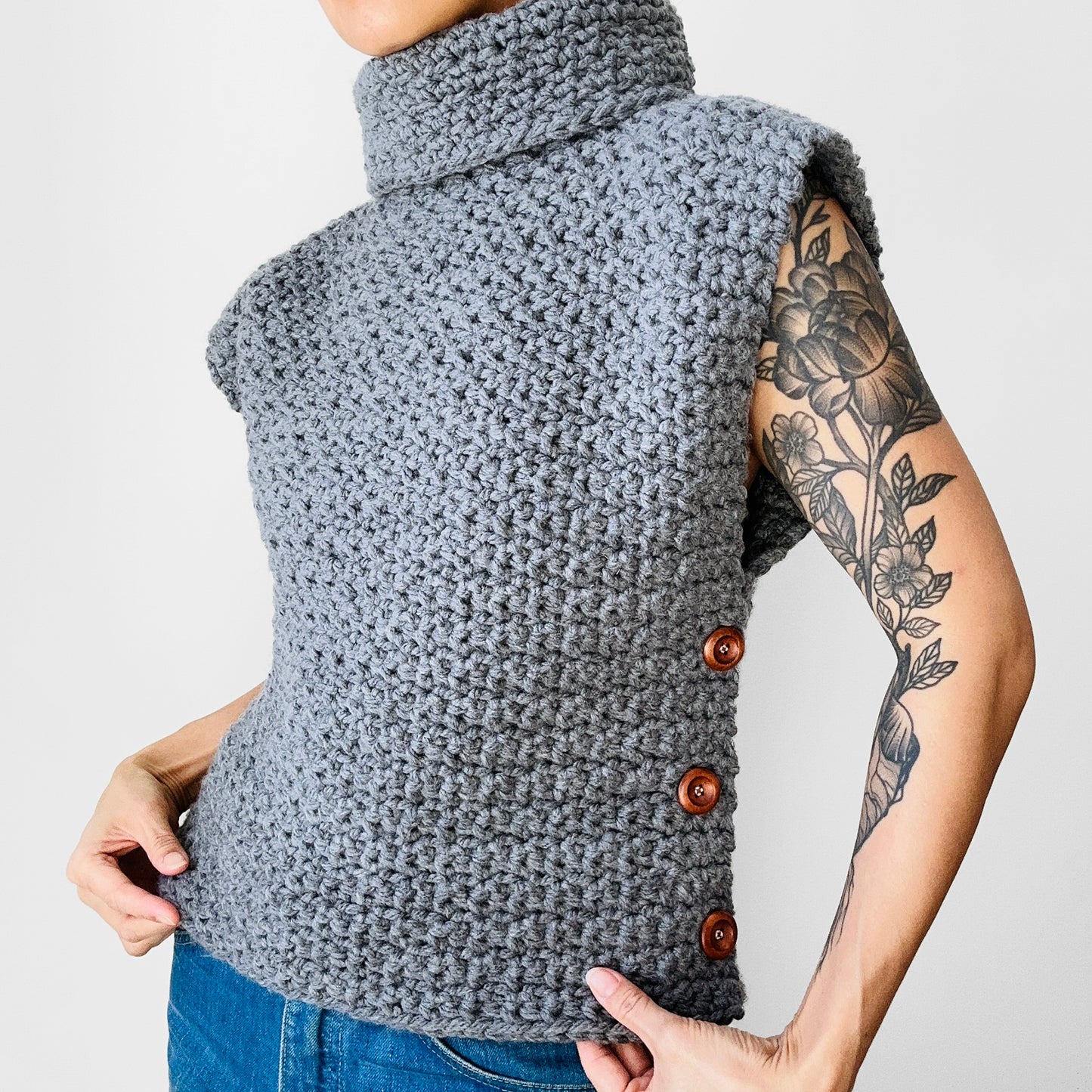 Charcoal Grey Heavy Soft Knit Side Button High-Neck Turtleneck Pullover Sweater Vest