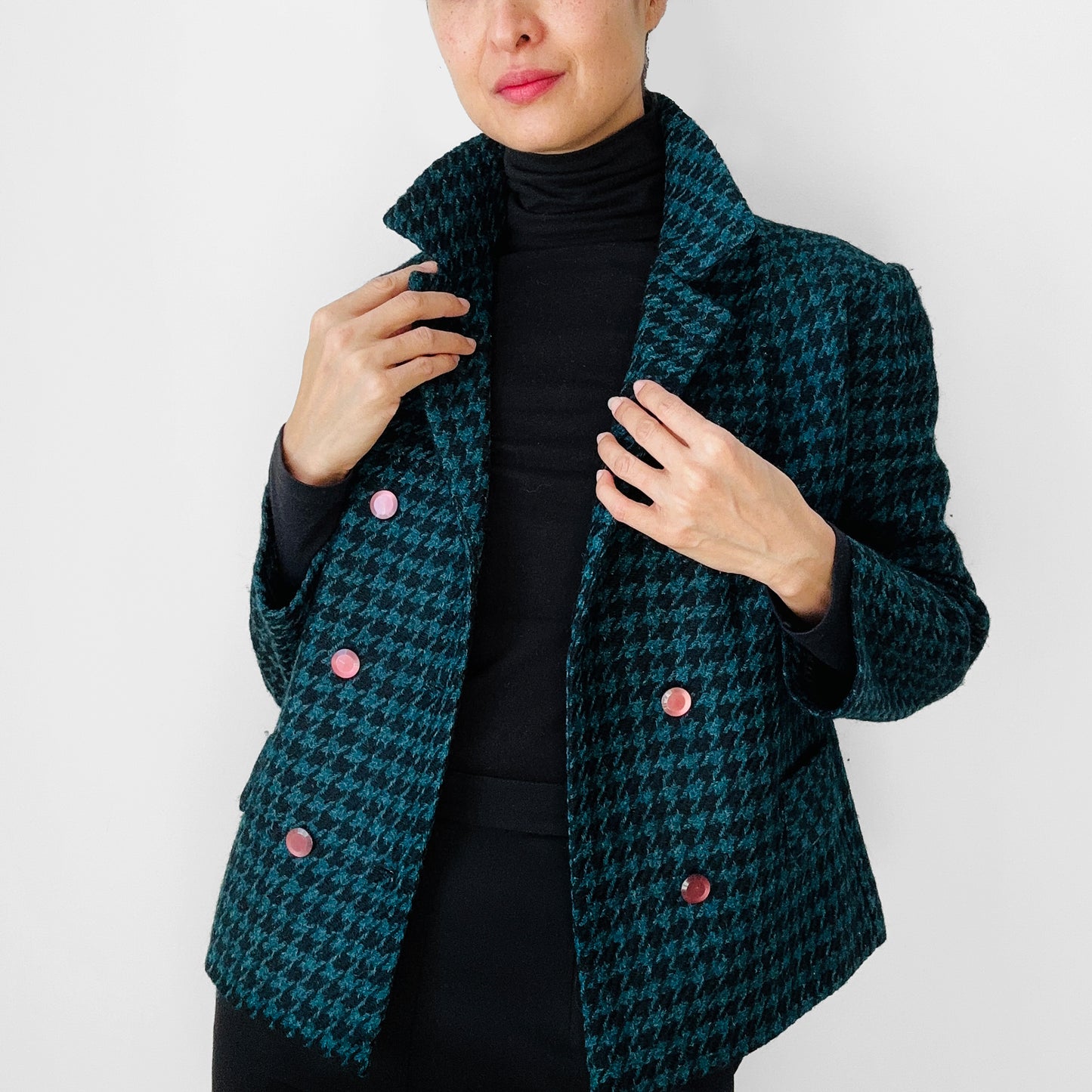 1960s Teal and Black Wool Houndstooth Double Breasted Short-Waisted Blazer Jacket - S/M