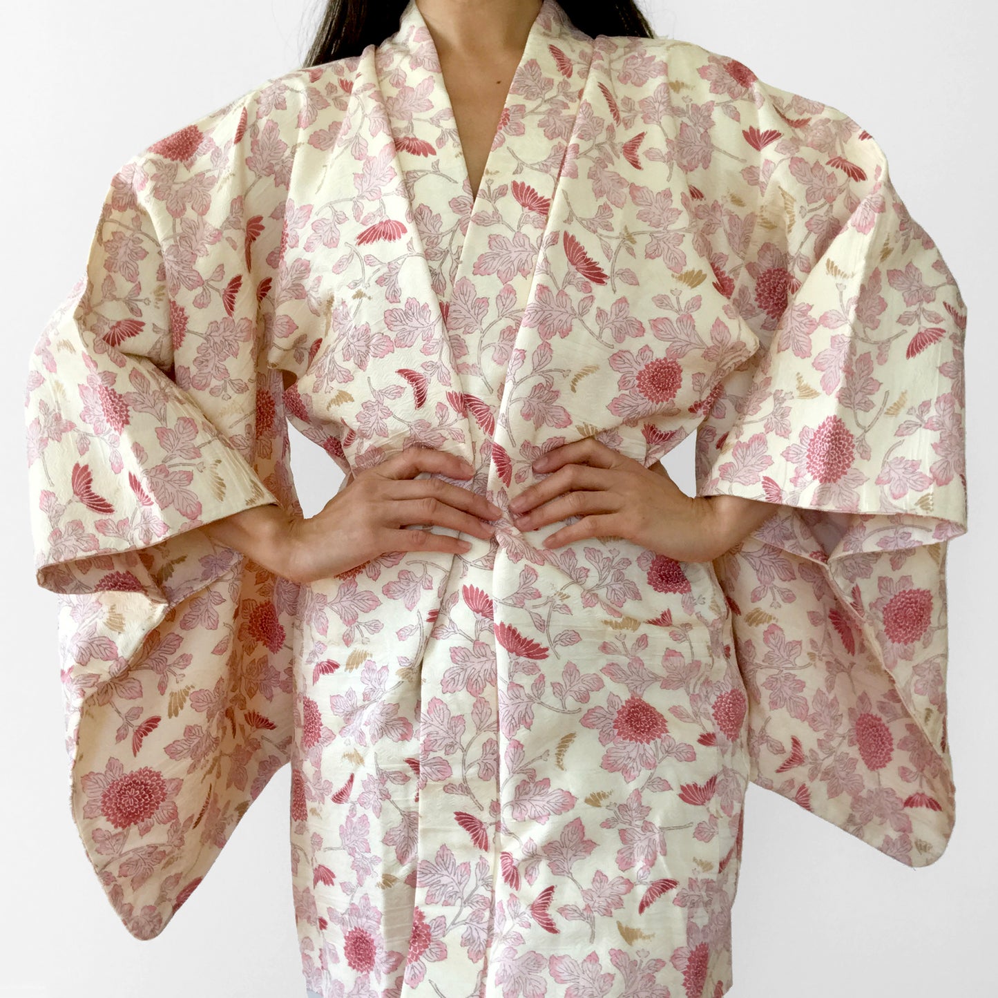 Silk-Blend Cream and Pink Botanical Haori Kimono Jacket