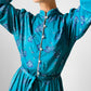 1970s Teal Floral Button-Front Belted Elastic Waist Dress - Sz. S