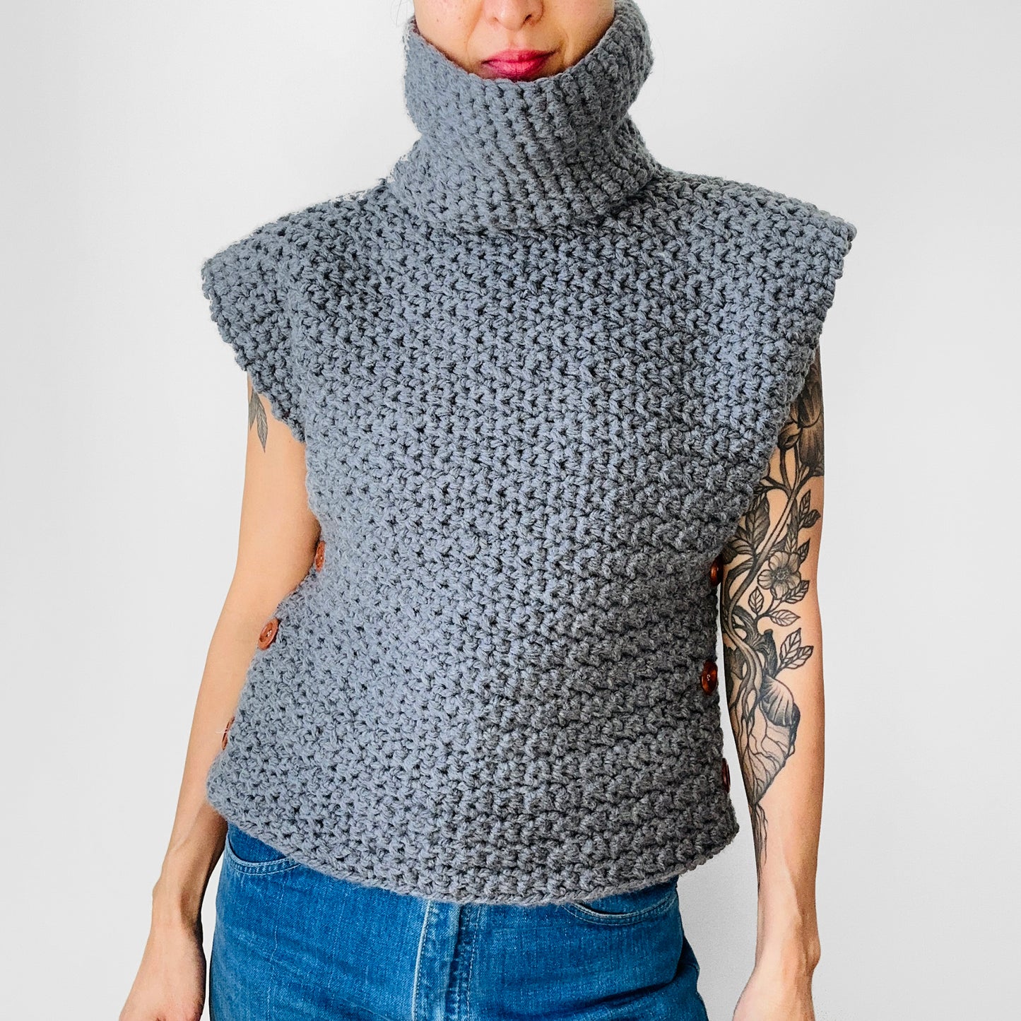 Charcoal Grey Heavy Soft Knit Side Button High-Neck Turtleneck Pullover Sweater Vest