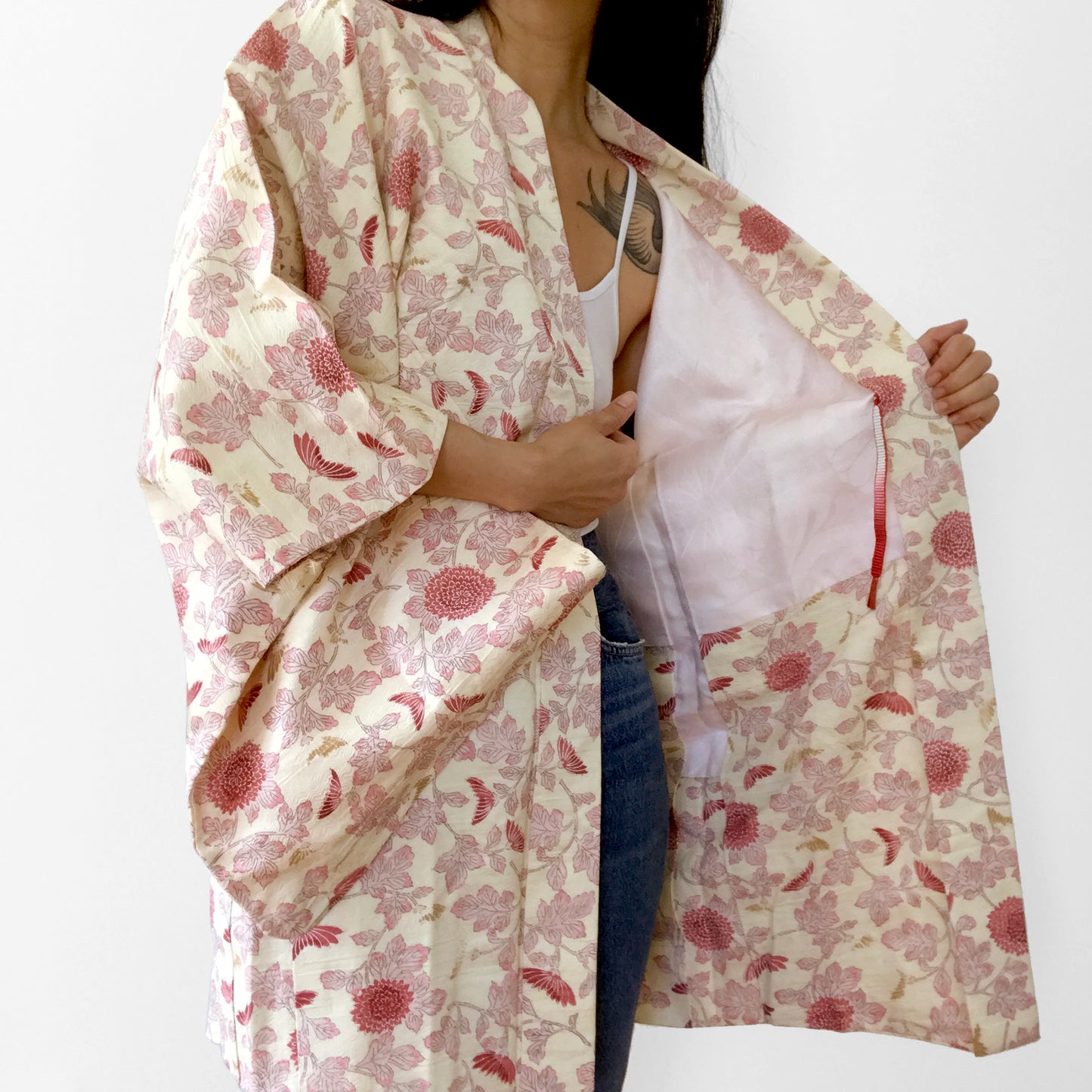 Silk-Blend Cream and Pink Botanical Haori Kimono Jacket