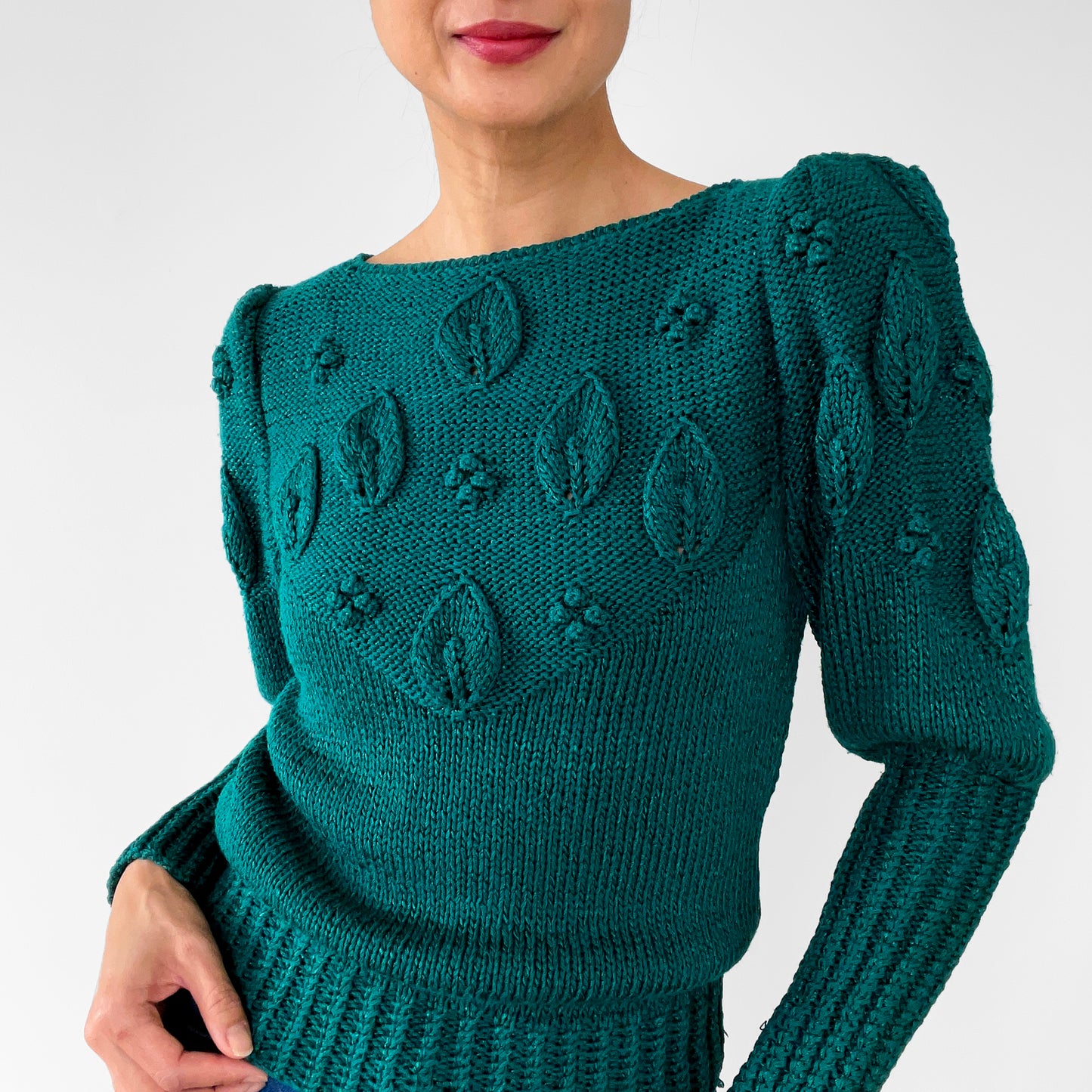 1980s Emerald Green Bobble Knit Leaf Top