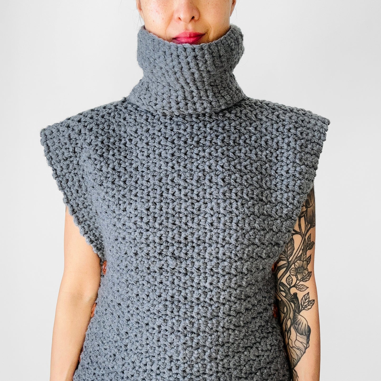 Charcoal Grey Heavy Soft Knit Side Button High-Neck Turtleneck Pullover Sweater Vest