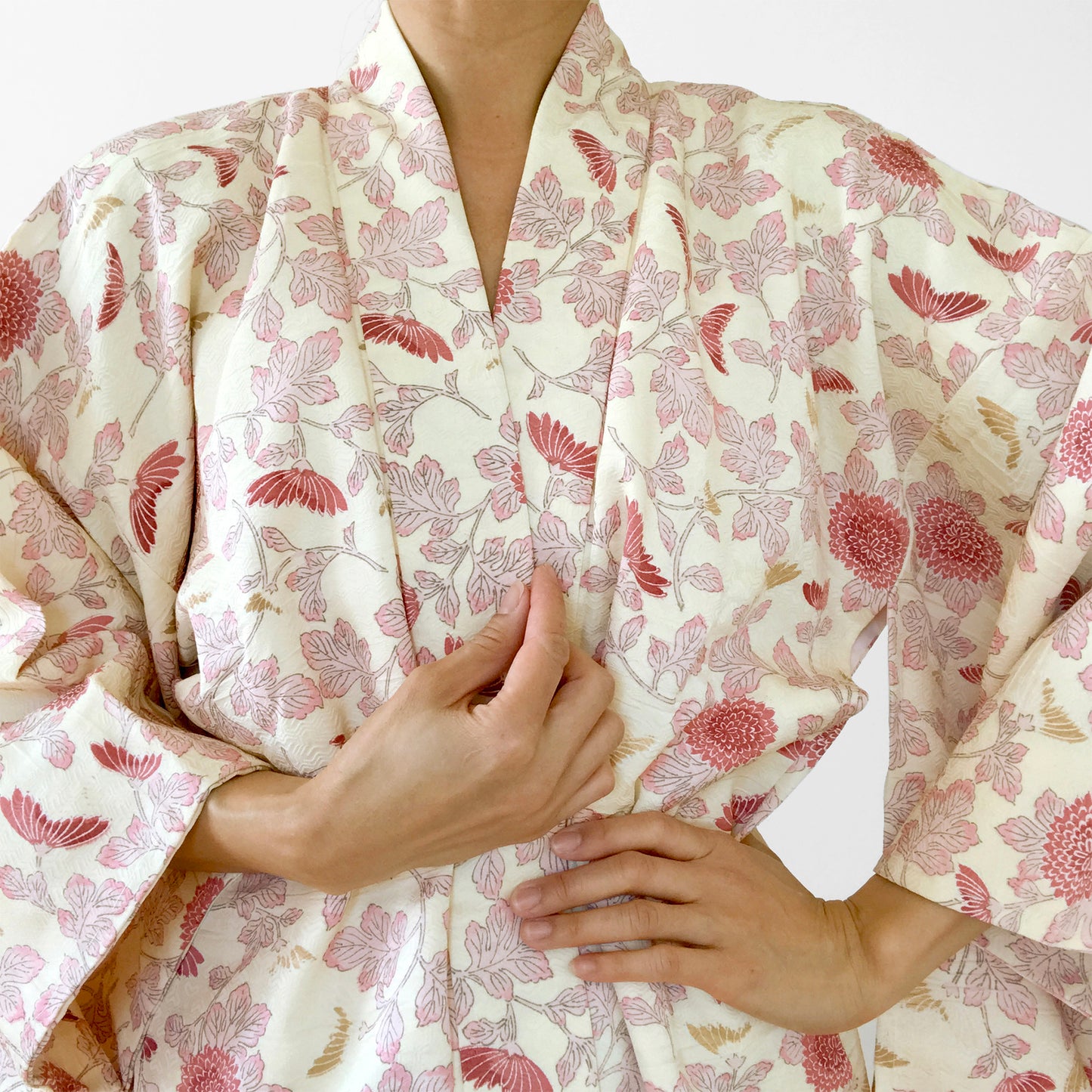 Silk-Blend Cream and Pink Botanical Haori Kimono Jacket