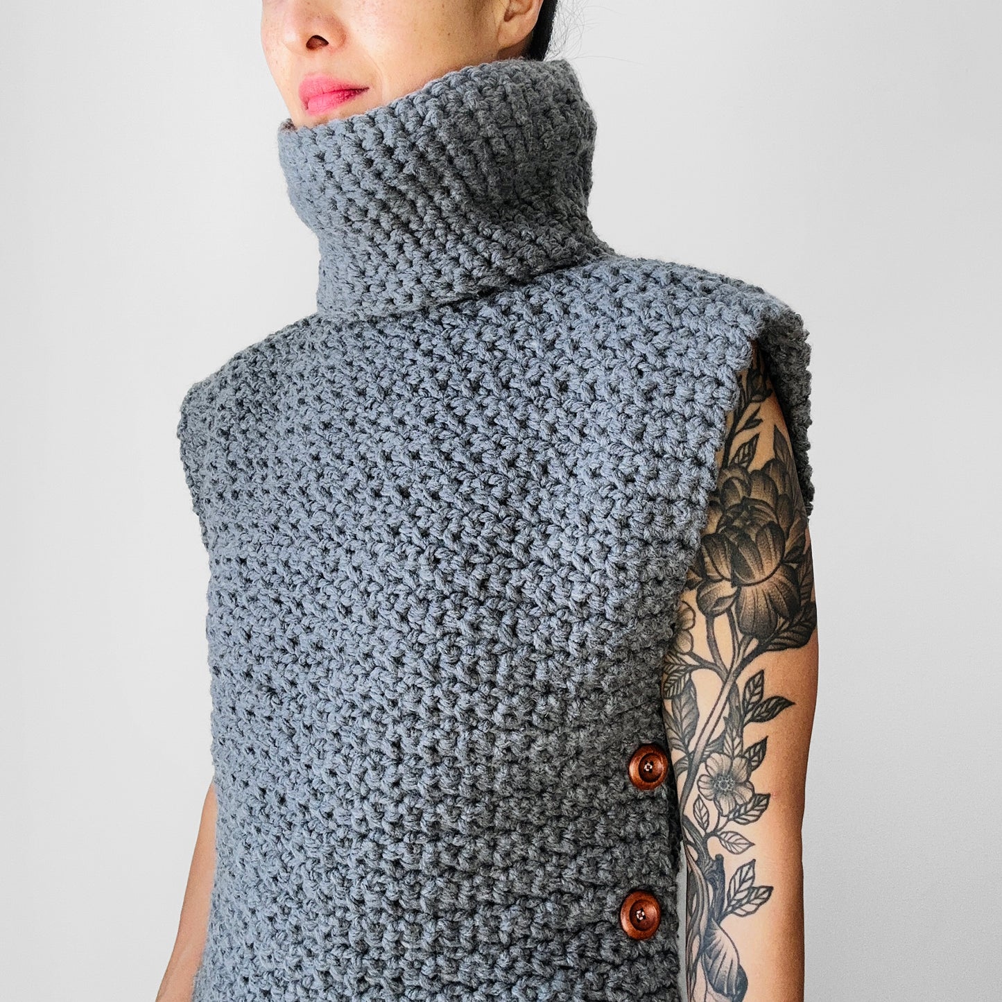 Charcoal Grey Heavy Soft Knit Side Button High-Neck Turtleneck Pullover Sweater Vest