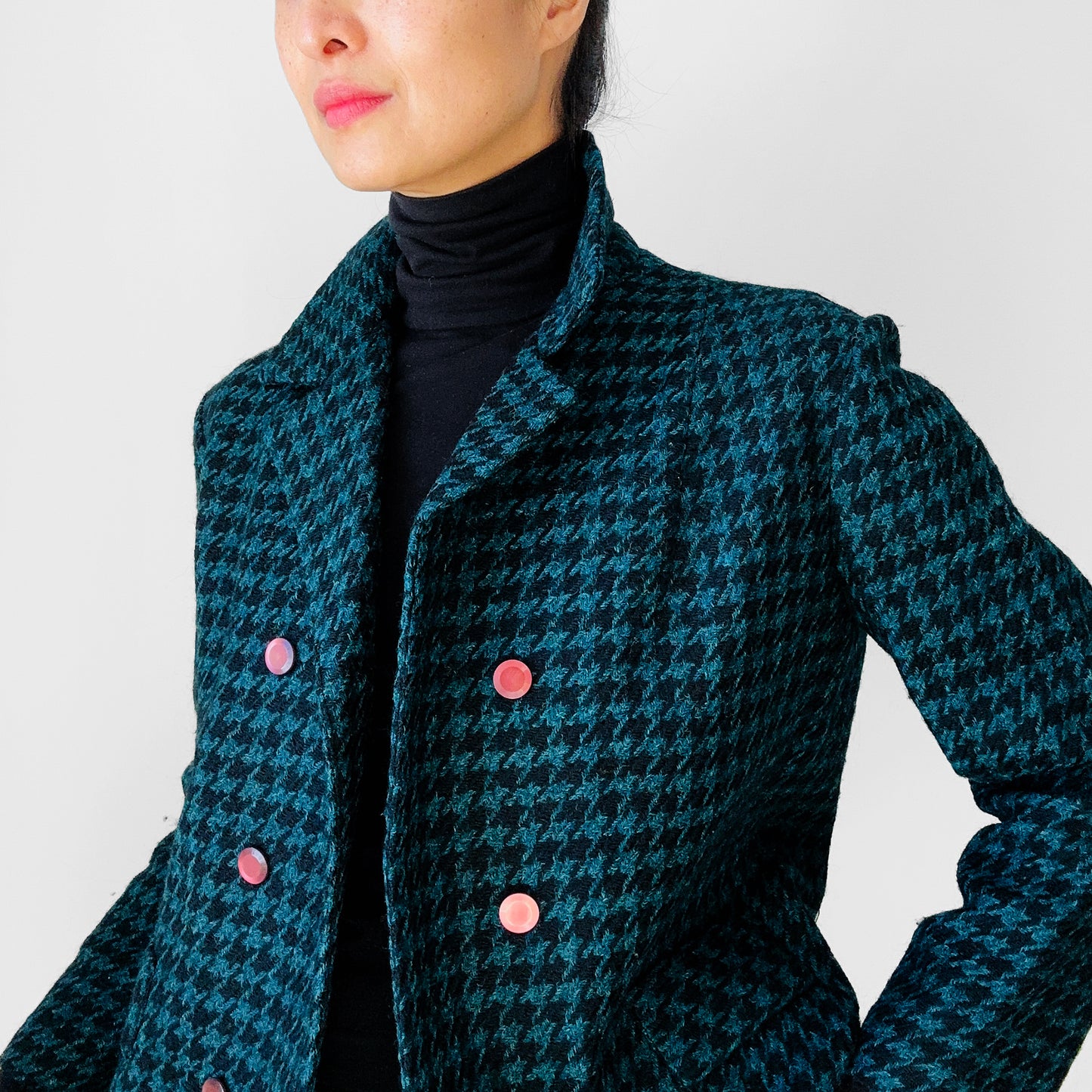 1960s Teal and Black Wool Houndstooth Double Breasted Short-Waisted Blazer Jacket - S/M