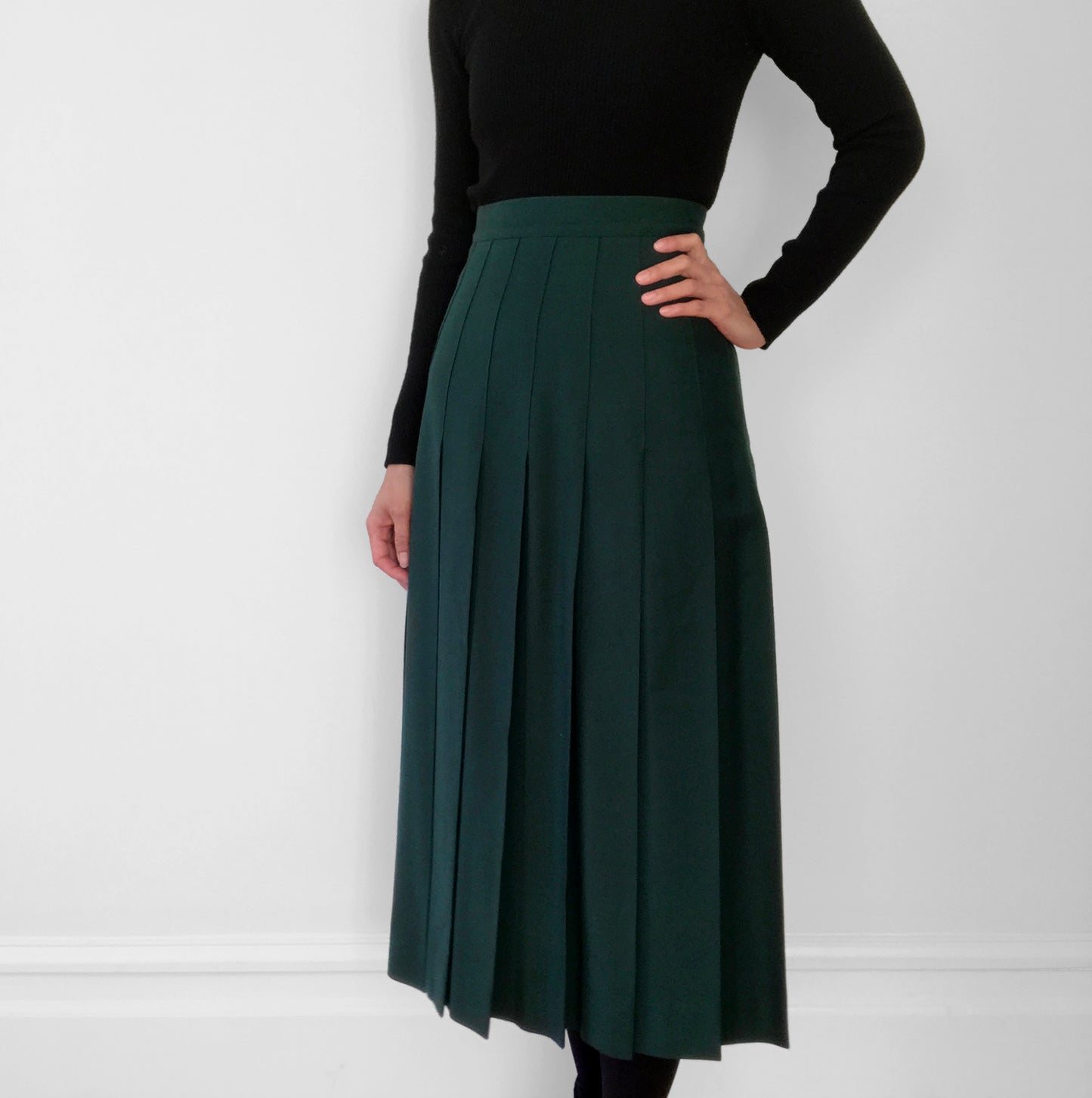 Wool Hunter-Green Knife Pleat Midi Skirt