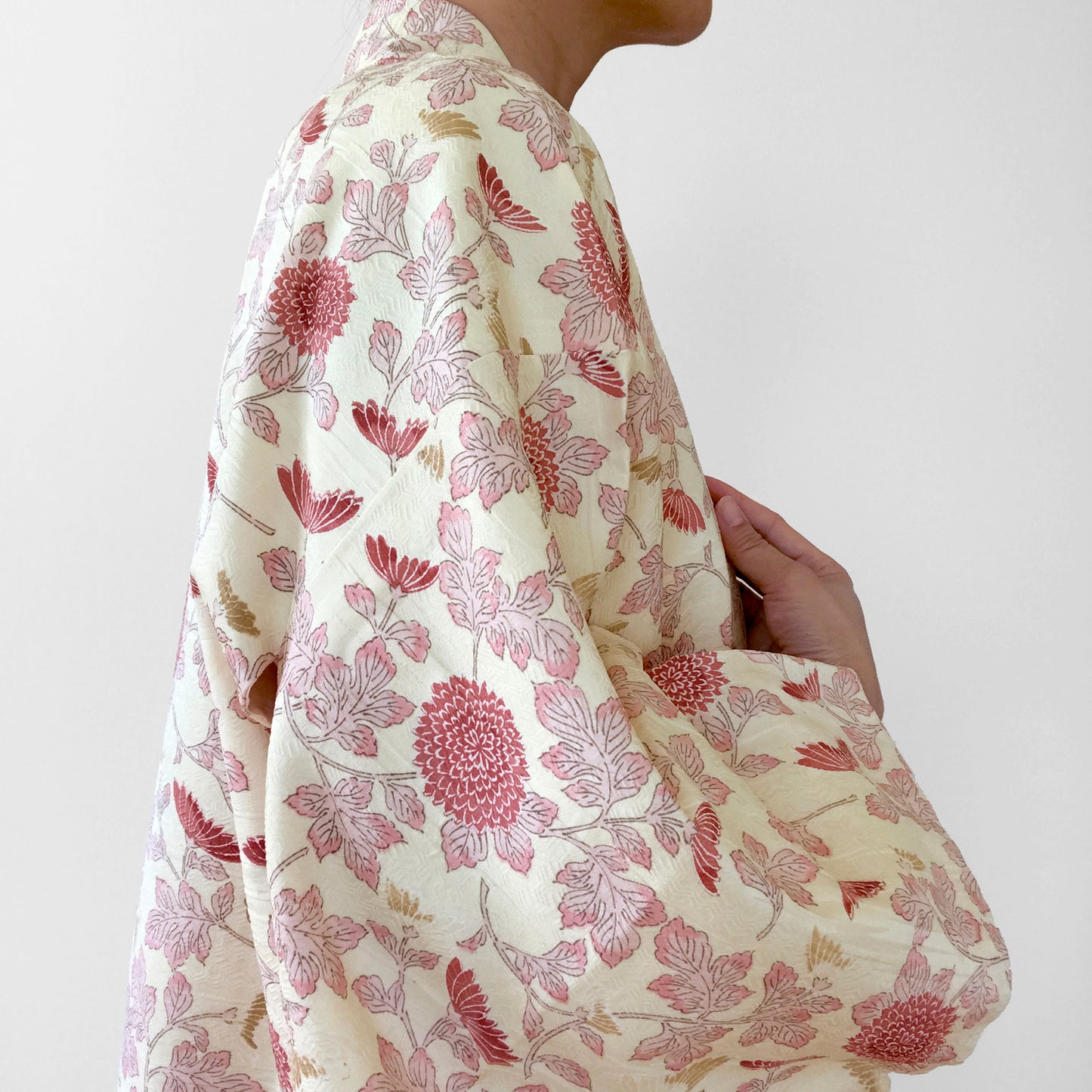 Silk-Blend Cream and Pink Botanical Haori Kimono Jacket