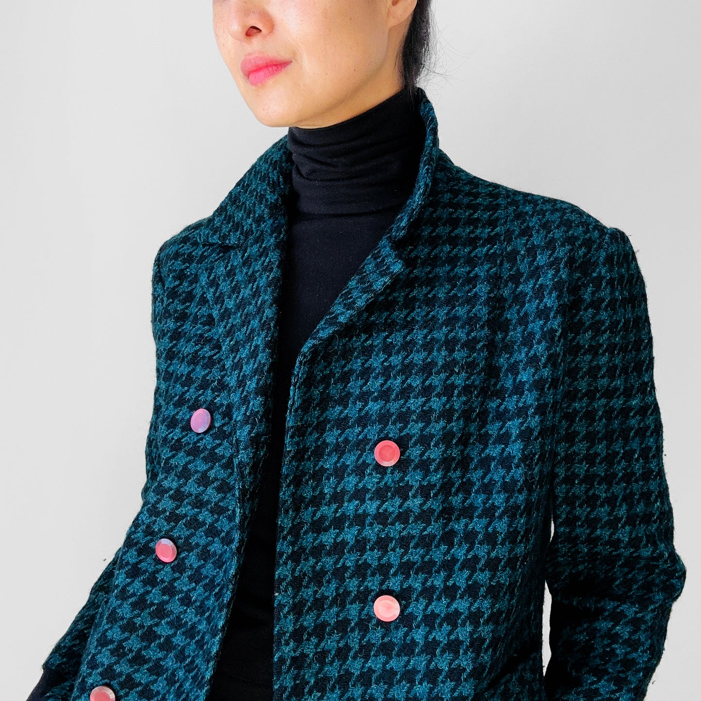 1960s Teal and Black Wool Houndstooth Double Breasted Short-Waisted Blazer Jacket - S/M