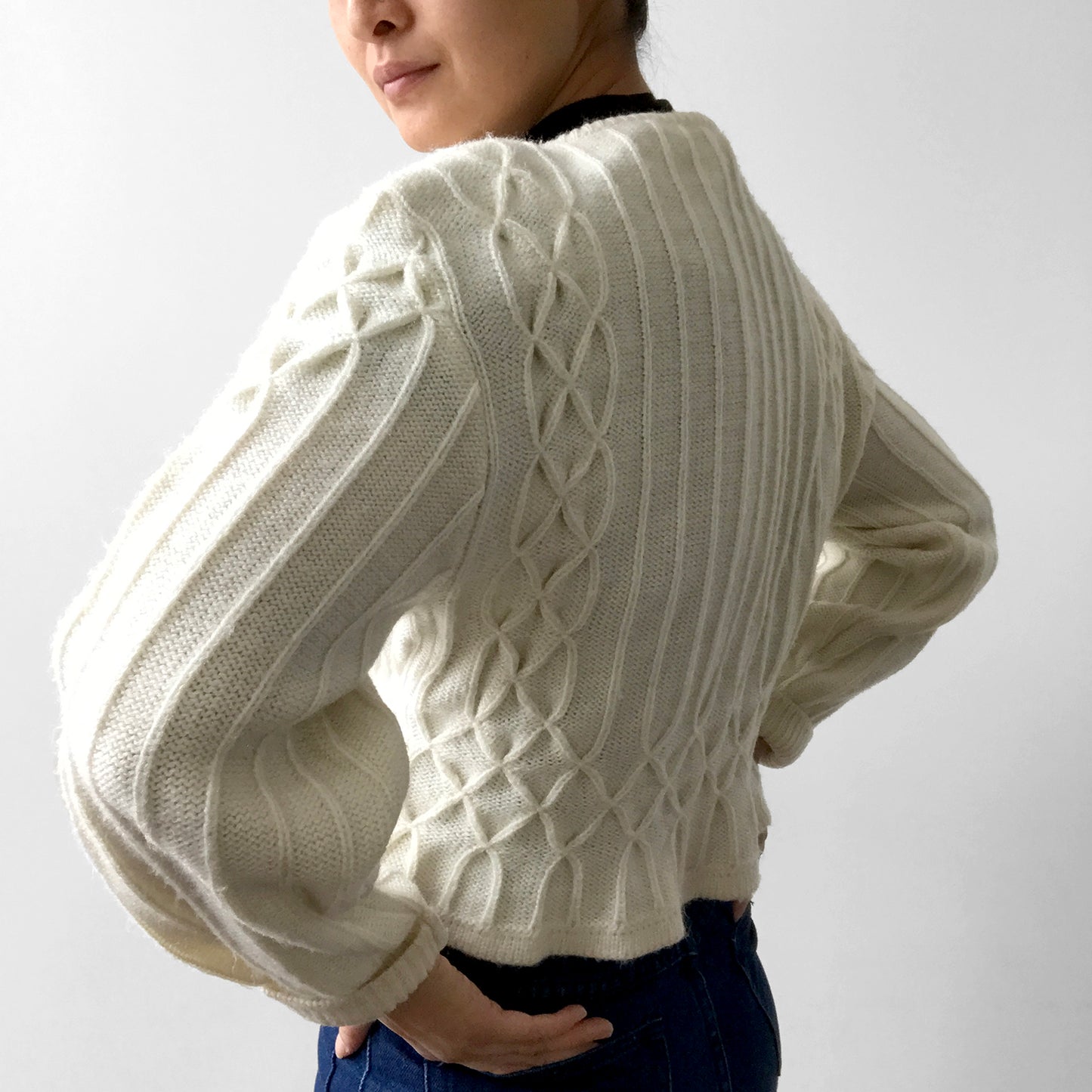 1950s Off-White Peplum Knit Cardigan Sweater