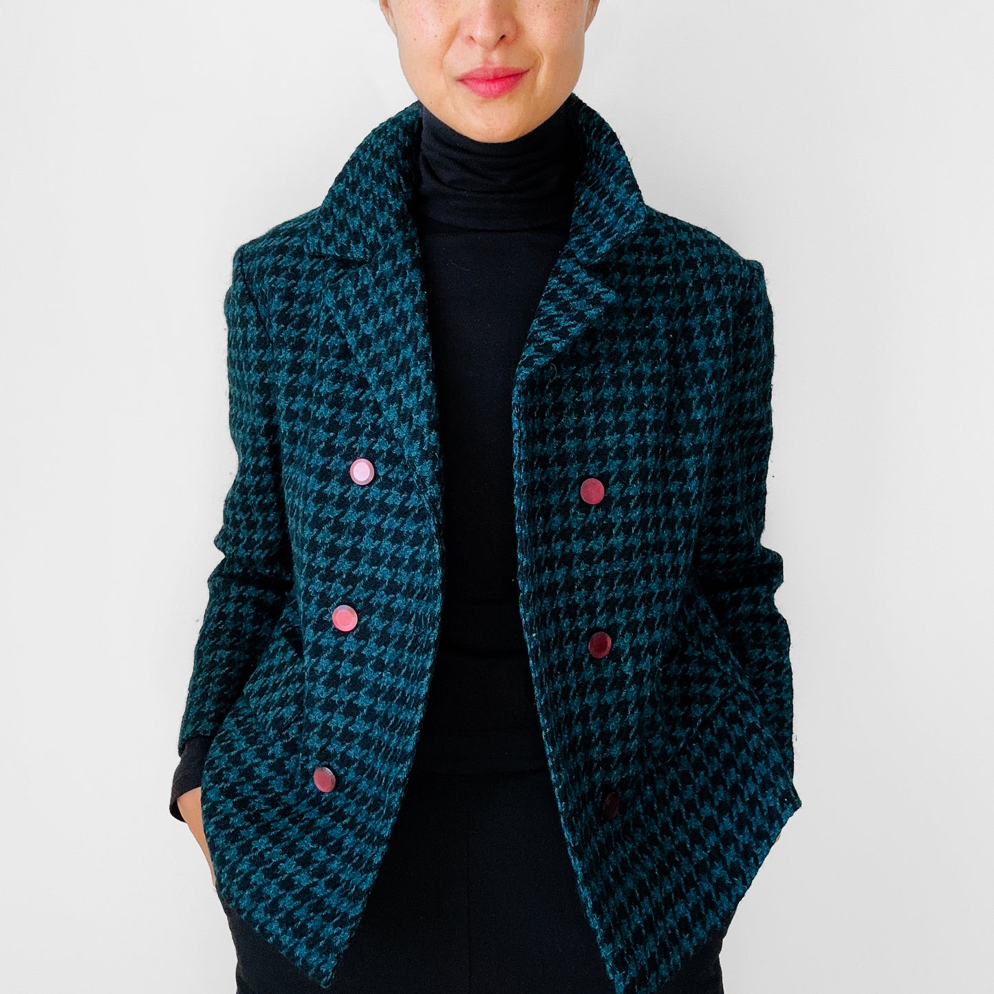 1960s Teal and Black Wool Houndstooth Double Breasted Short-Waisted Blazer Jacket - S/M