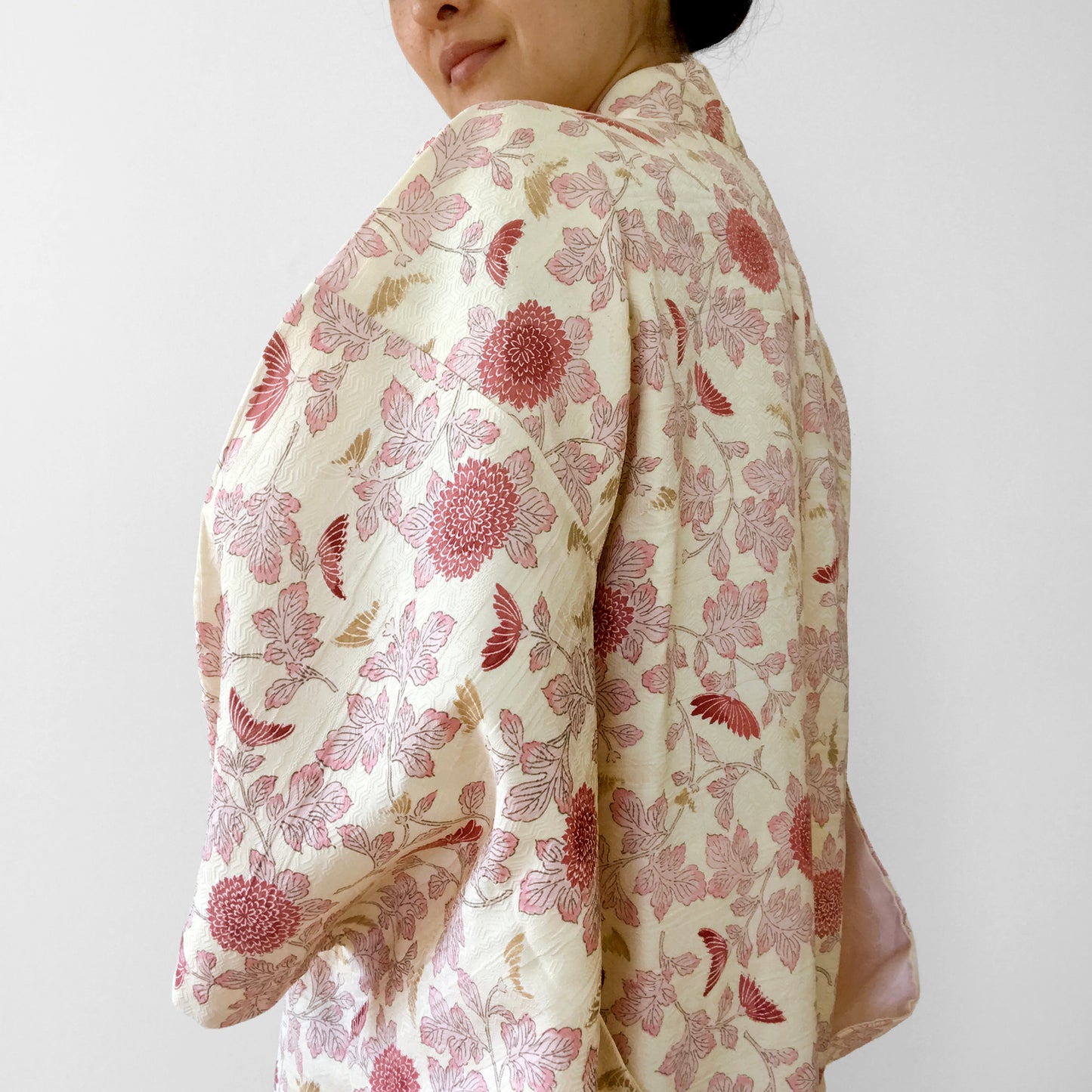 Silk-Blend Cream and Pink Botanical Haori Kimono Jacket