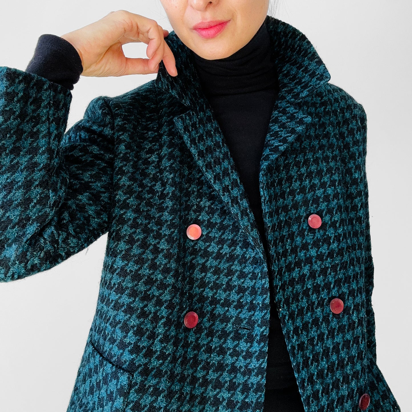 1960s Teal and Black Wool Houndstooth Double Breasted Short-Waisted Blazer Jacket - S/M