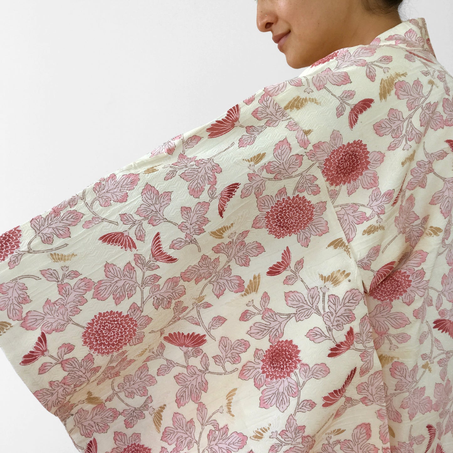 Silk-Blend Cream and Pink Botanical Haori Kimono Jacket