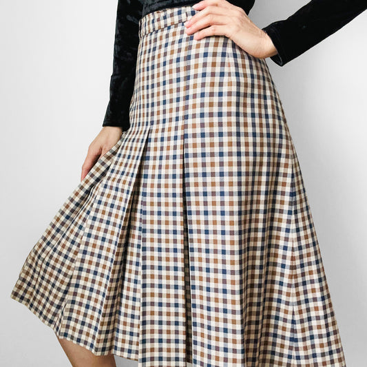 1970s-1980s Brown Navy Beige Gingham Inverted Pleat A-Line Virgin Wool Made in Canada Skirt - Waist 35