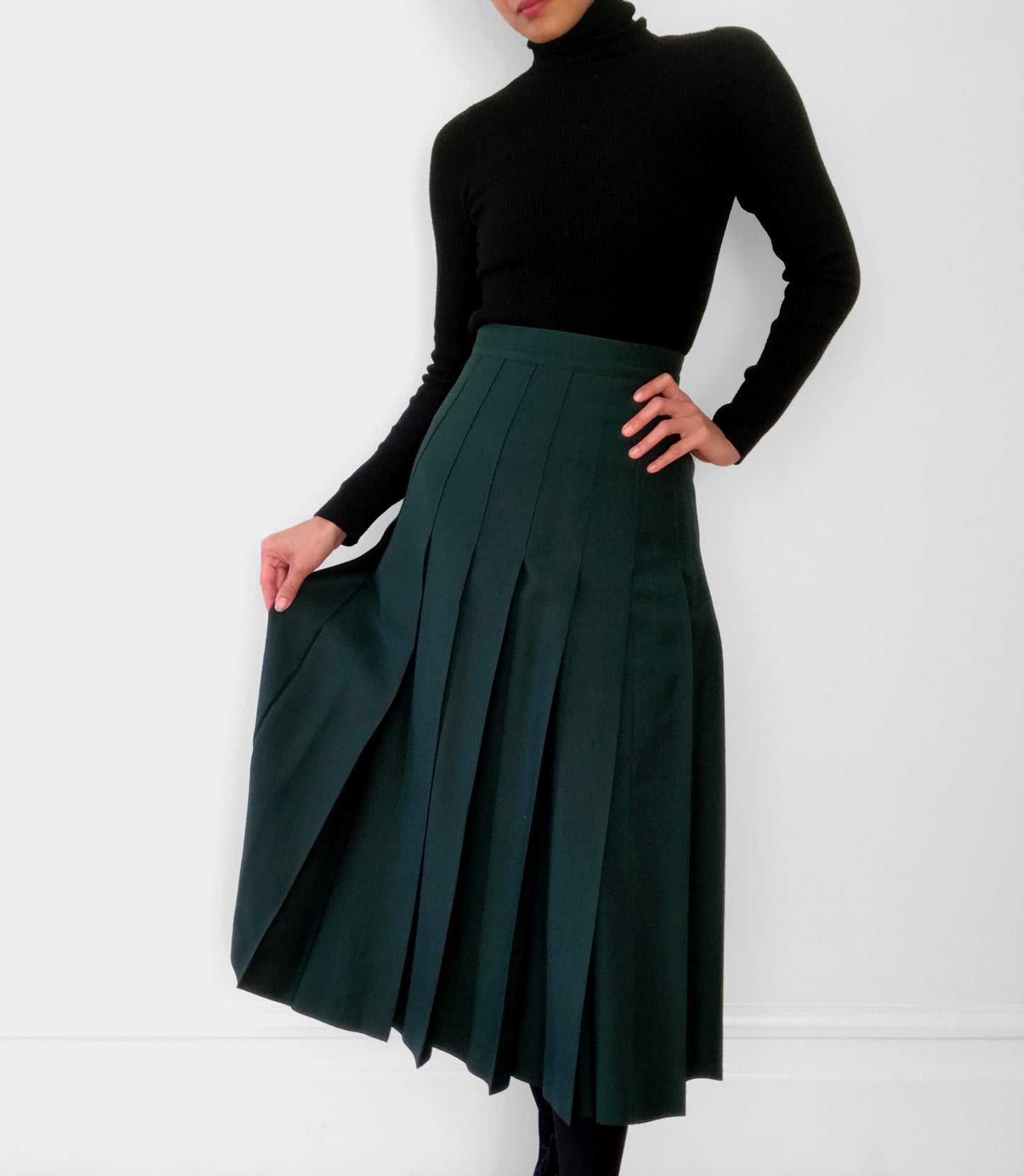 Wool Hunter-Green Knife Pleat Midi Skirt