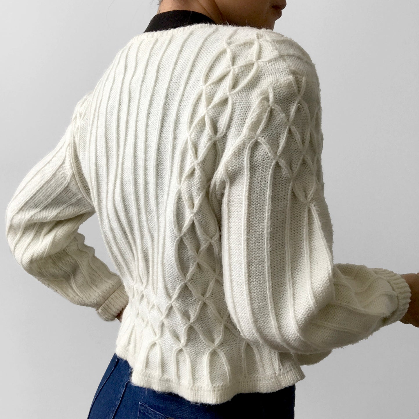 1950s Off-White Peplum Knit Cardigan Sweater