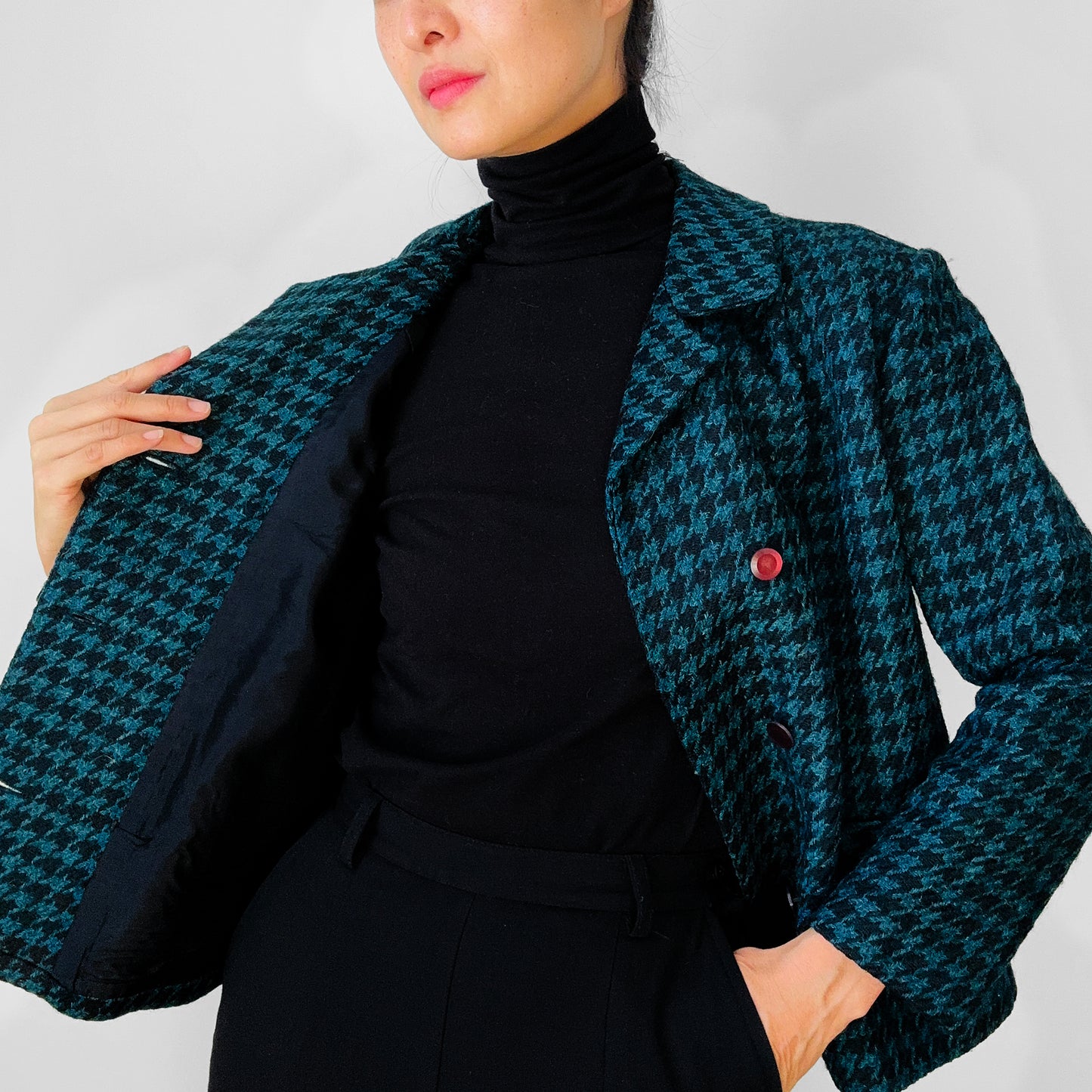 1960s Teal and Black Wool Houndstooth Double Breasted Short-Waisted Blazer Jacket - S/M