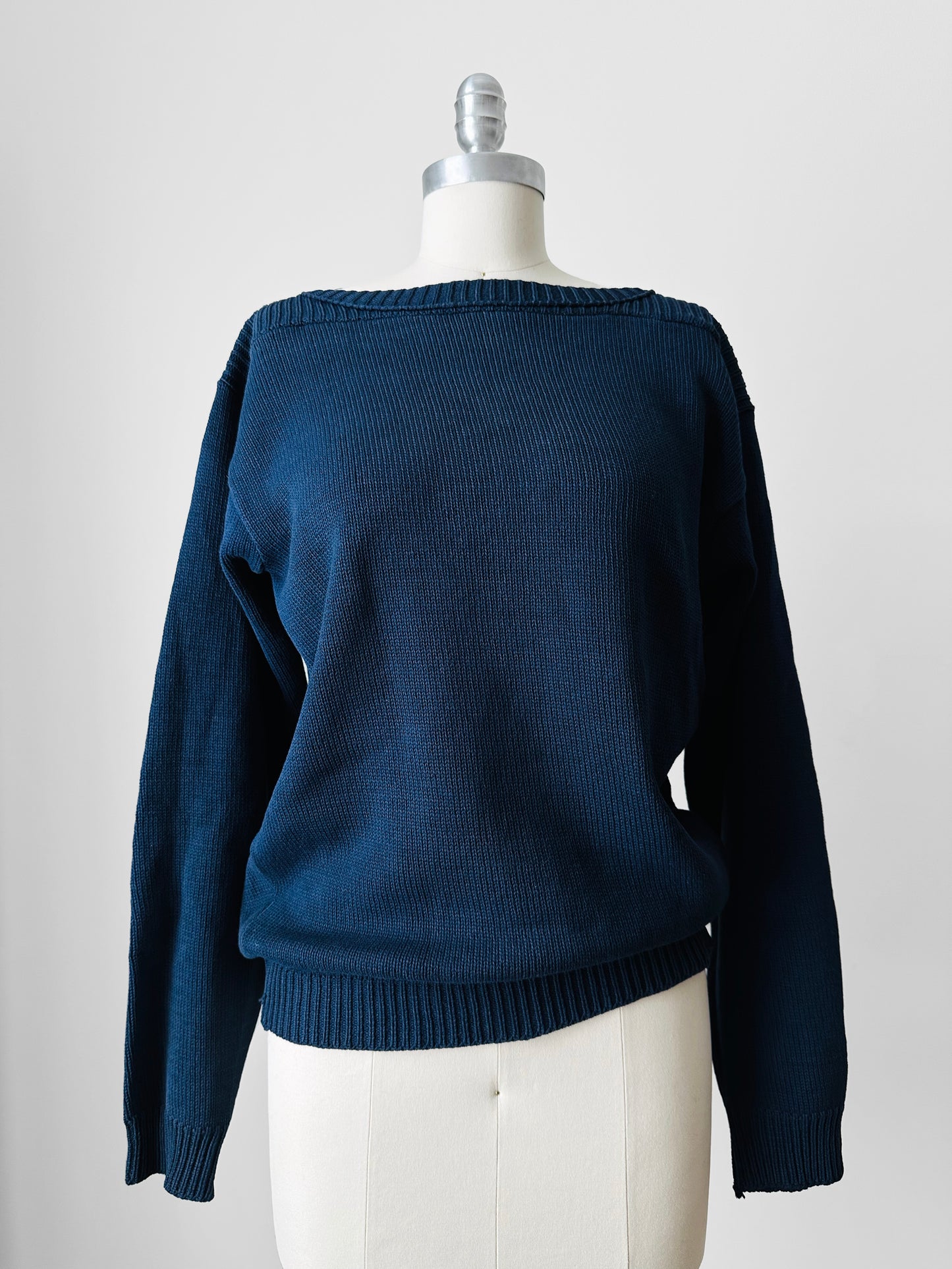 Made in Canada Navy Blue Well-Worn Boat-Neck Military Naval Style Cotton Knit Sweater - Sz. S